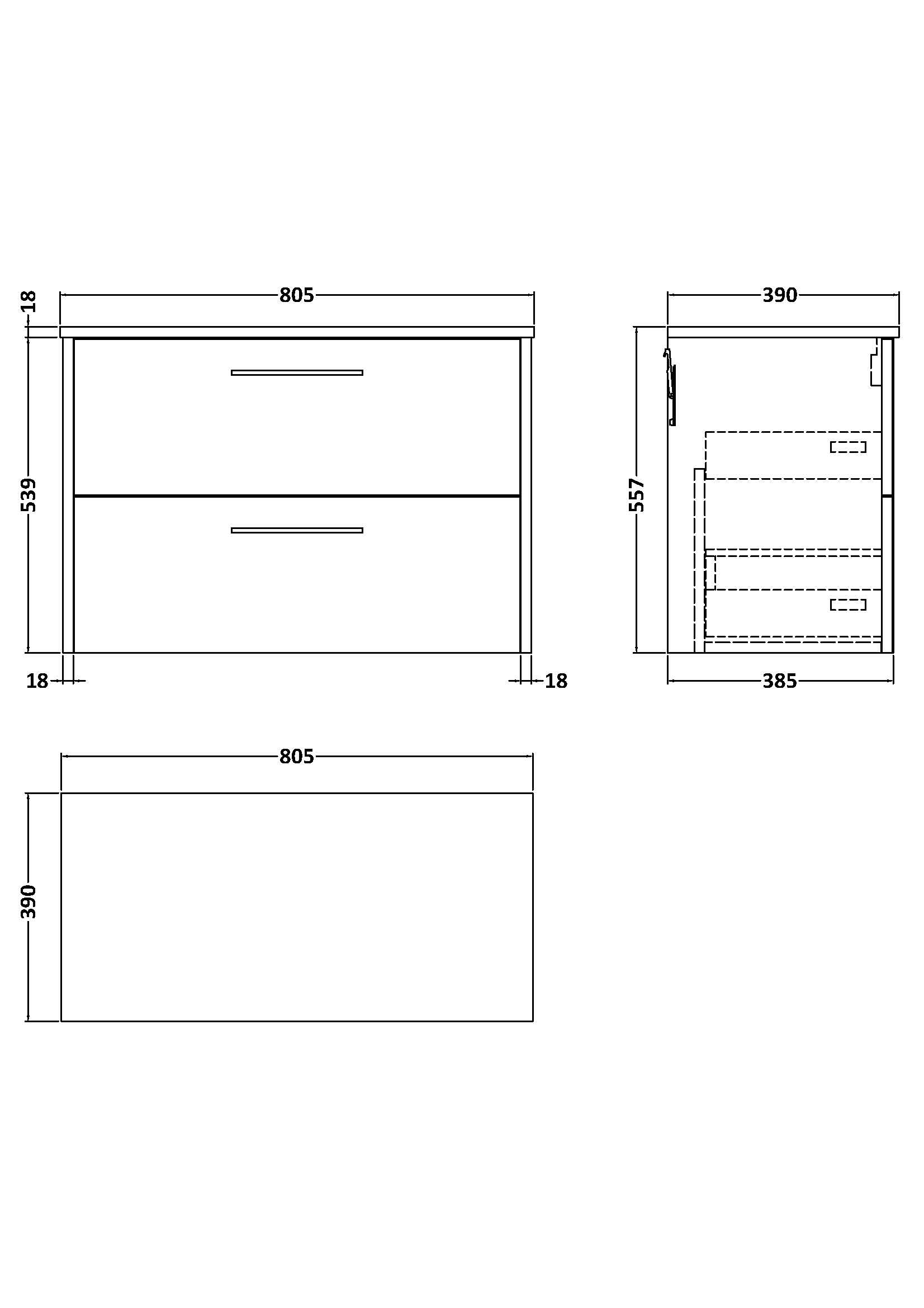 Modern bathroom vanity unit with two drawers, detailed technical drawings, and precise measurements for stylish and functional Bubly Bathrooms design.