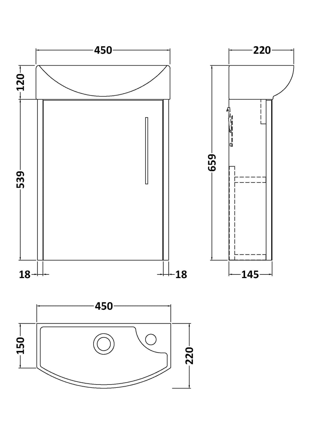 Sleek modern bathroom vanity unit with integrated sink and storage, ideal for contemporary bathroom designs, featuring precise measurements for perfect fitting and functionality.