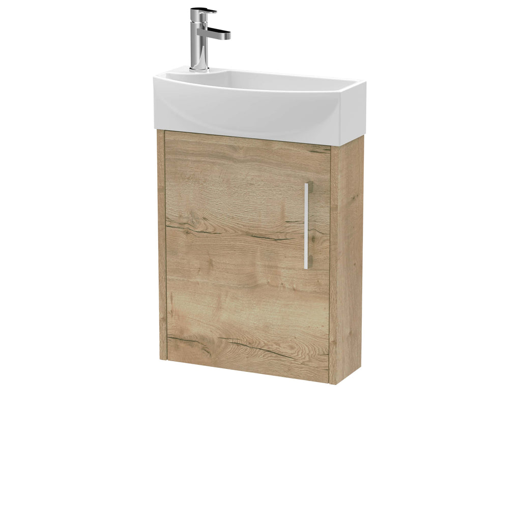 Modern bathroom vanity with integrated sink, wooden cabinet, and sleek mixer tap, ideal for contemporary bathroom remodels and storage solutions.
