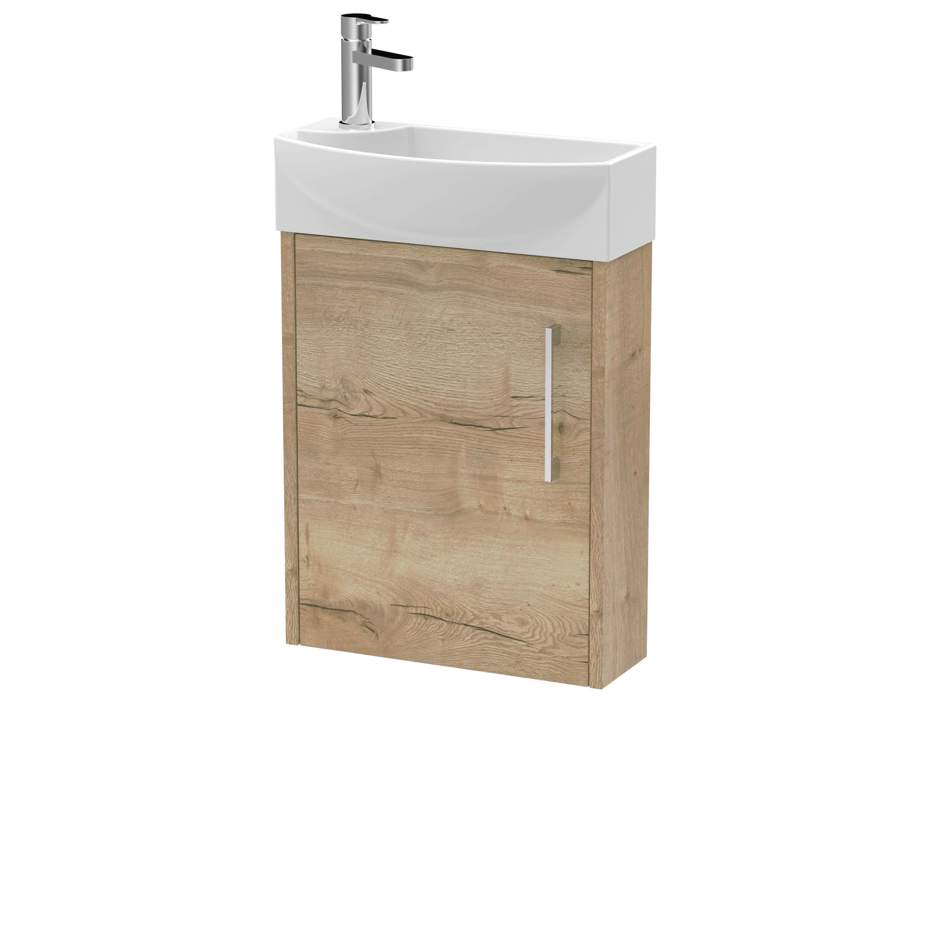 Modern bathroom vanity with integrated sink, wooden cabinet, and sleek mixer tap, ideal for contemporary bathroom remodels and storage solutions.