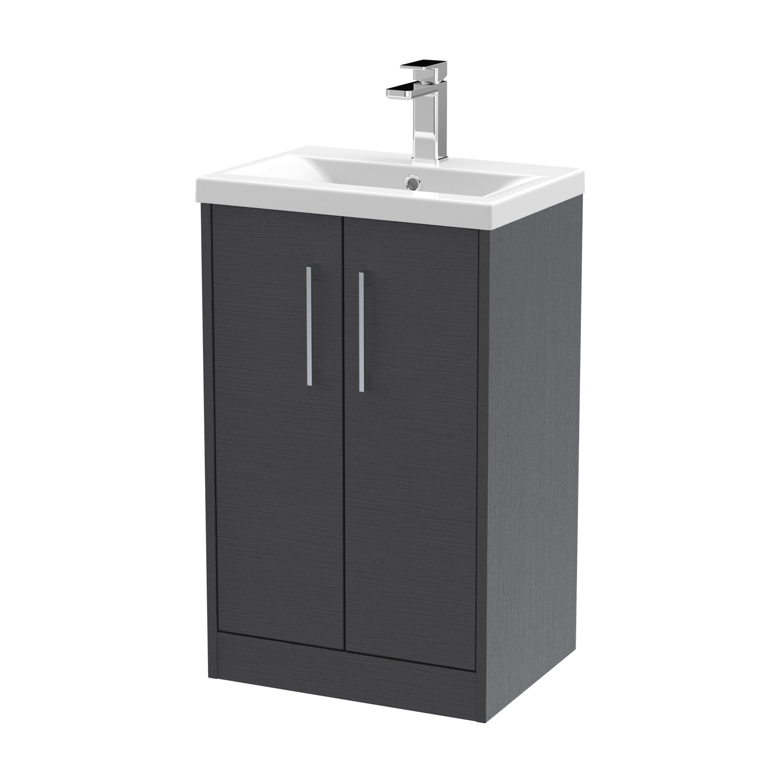 Modern bathroom vanity unit with a sleek black finish, integrated ceramic sink, and contemporary chrome tap, perfect for stylish bathroom storage and plumbing needs.