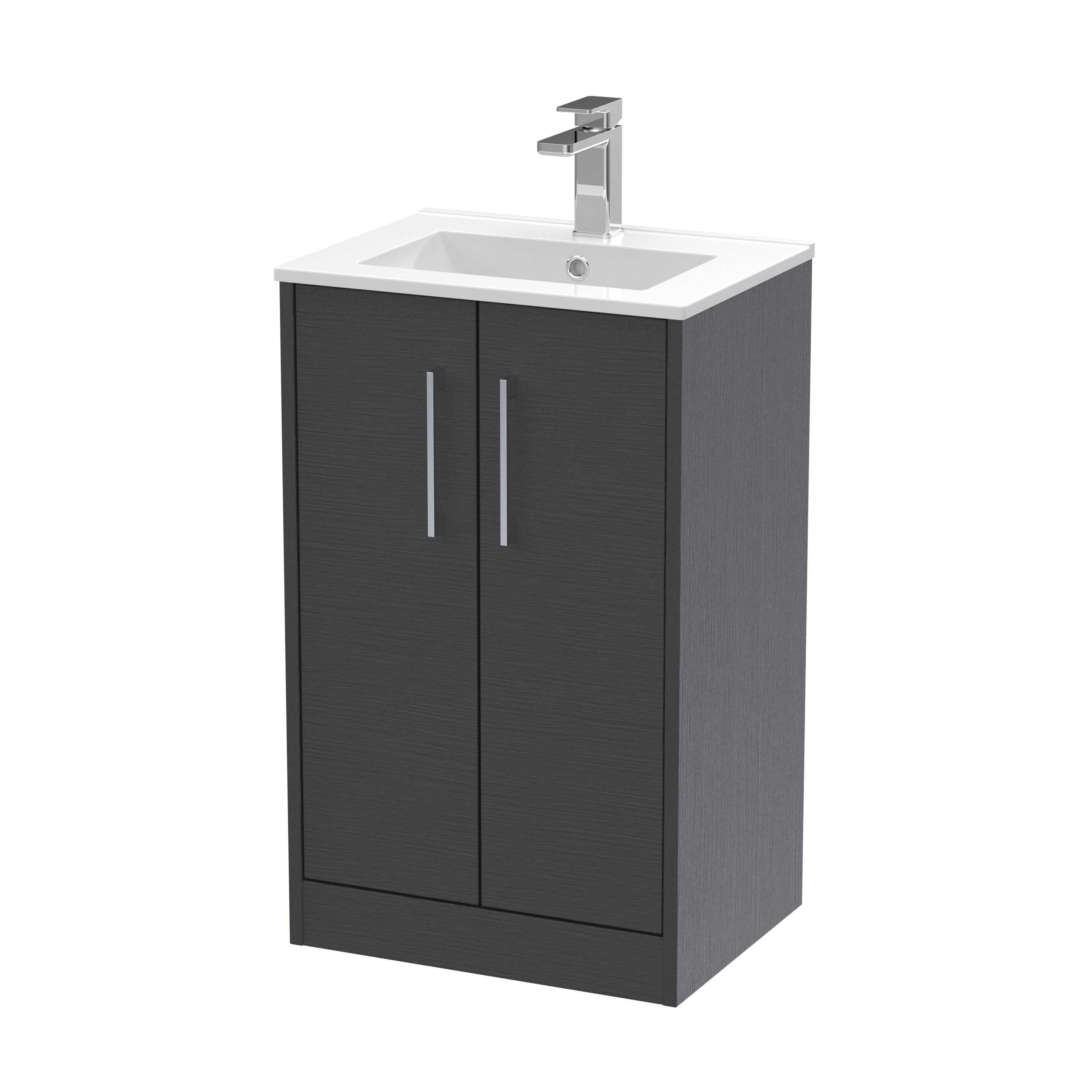 Modern black bathroom vanity unit with white sink and chrome tap, ideal for contemporary bathroom designs and fixtures.