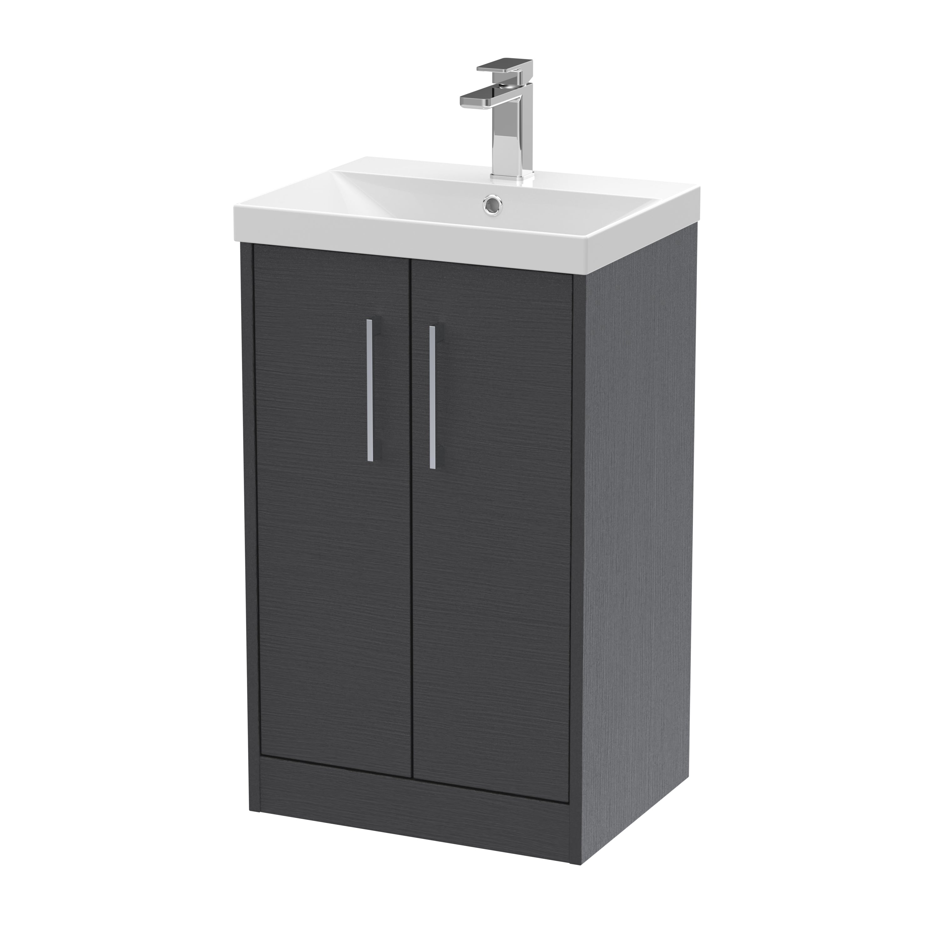 Modern bathroom vanity with black wood finish and ceramic sink, featuring sleek handles for a contemporary bathroom design. Perfect for stylish bathroom upgrades.