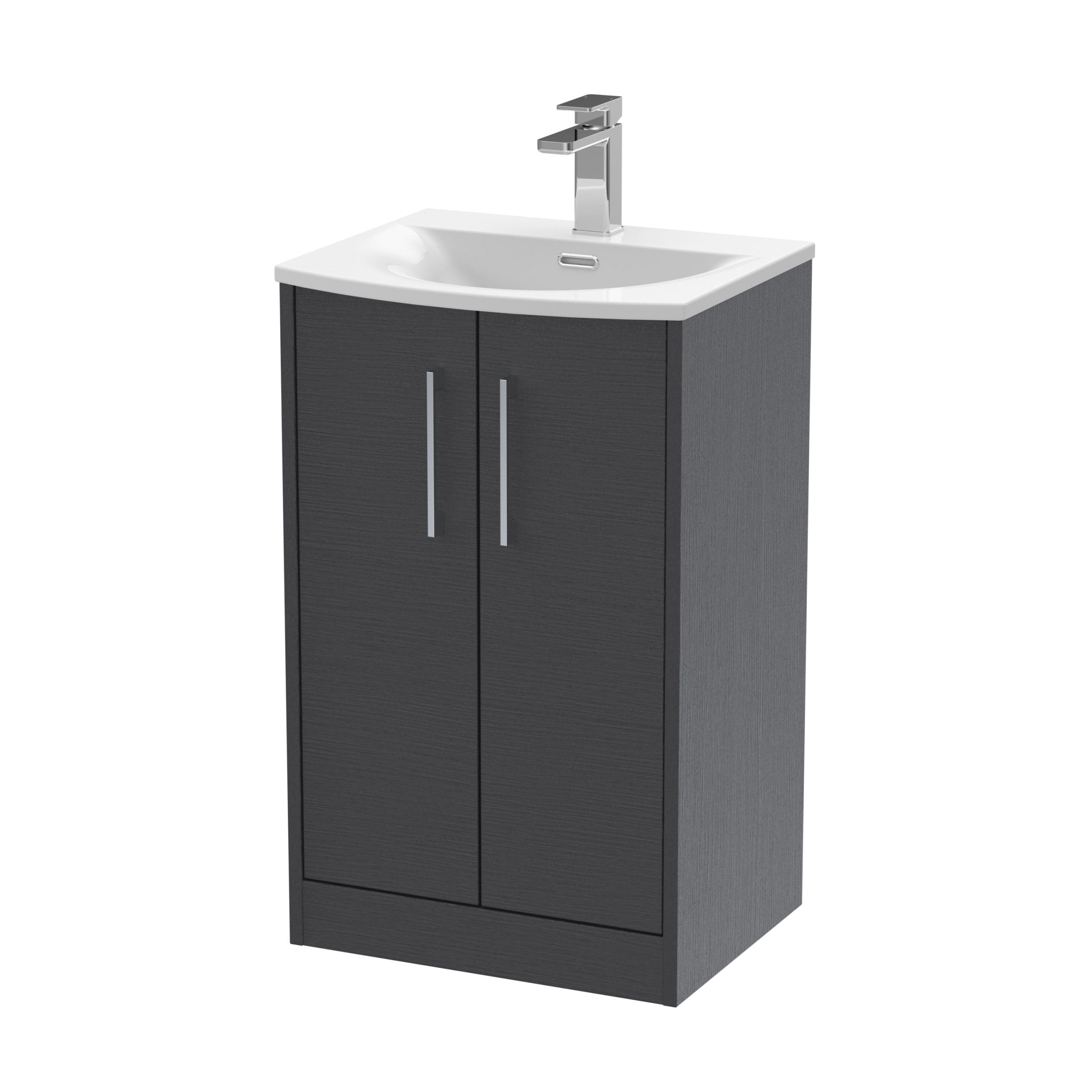 Modern bathroom vanity unit with a sleek dark wood finish, integrated white ceramic sink, and contemporary chrome tap, ideal for stylish bathroom renovations.