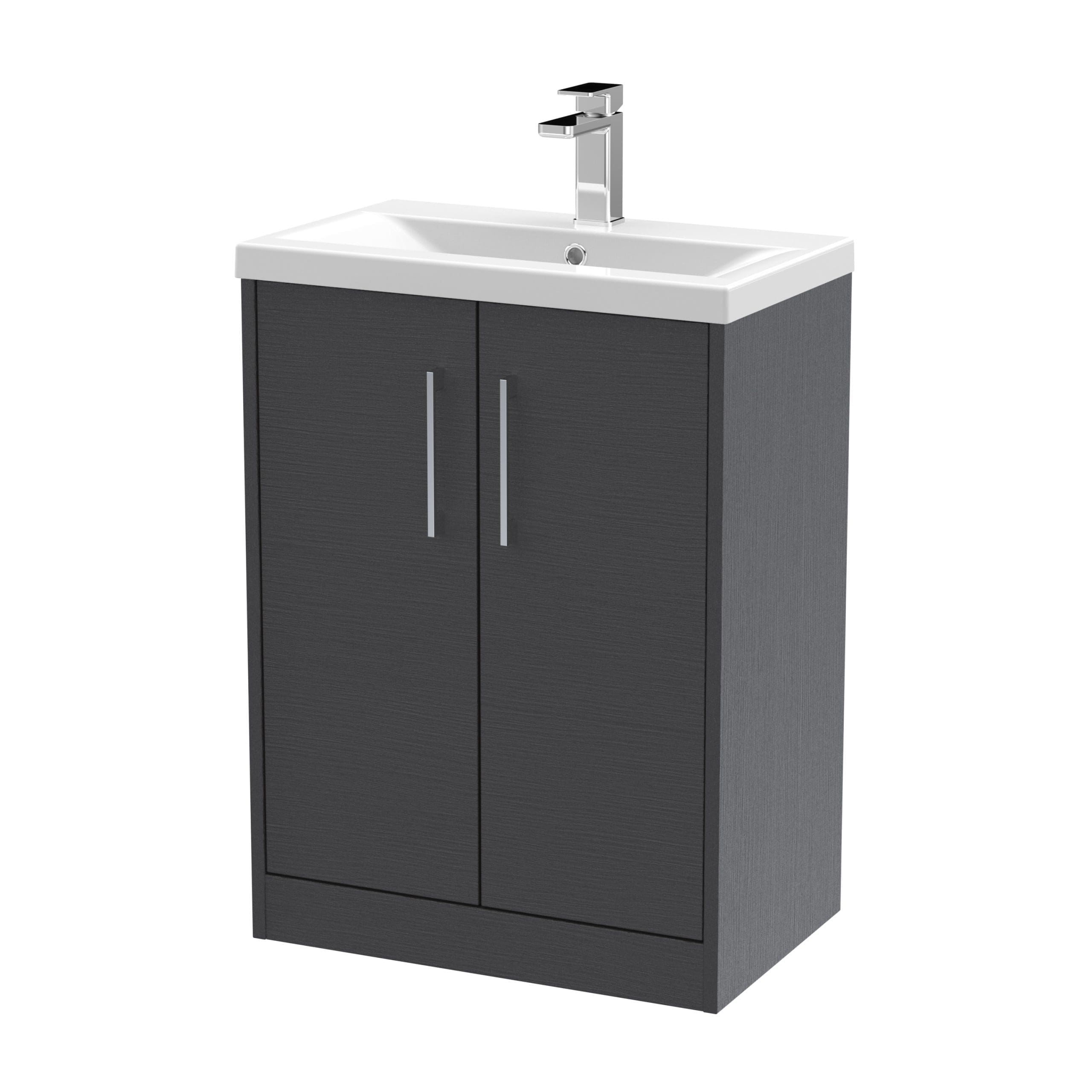 Modern bathroom vanity with a sleek white sink and dark grey storage cabinet, perfect for contemporary bathroom designs. Durable, stylish, and space-efficient bathroom furniture from Bubly Bathrooms.