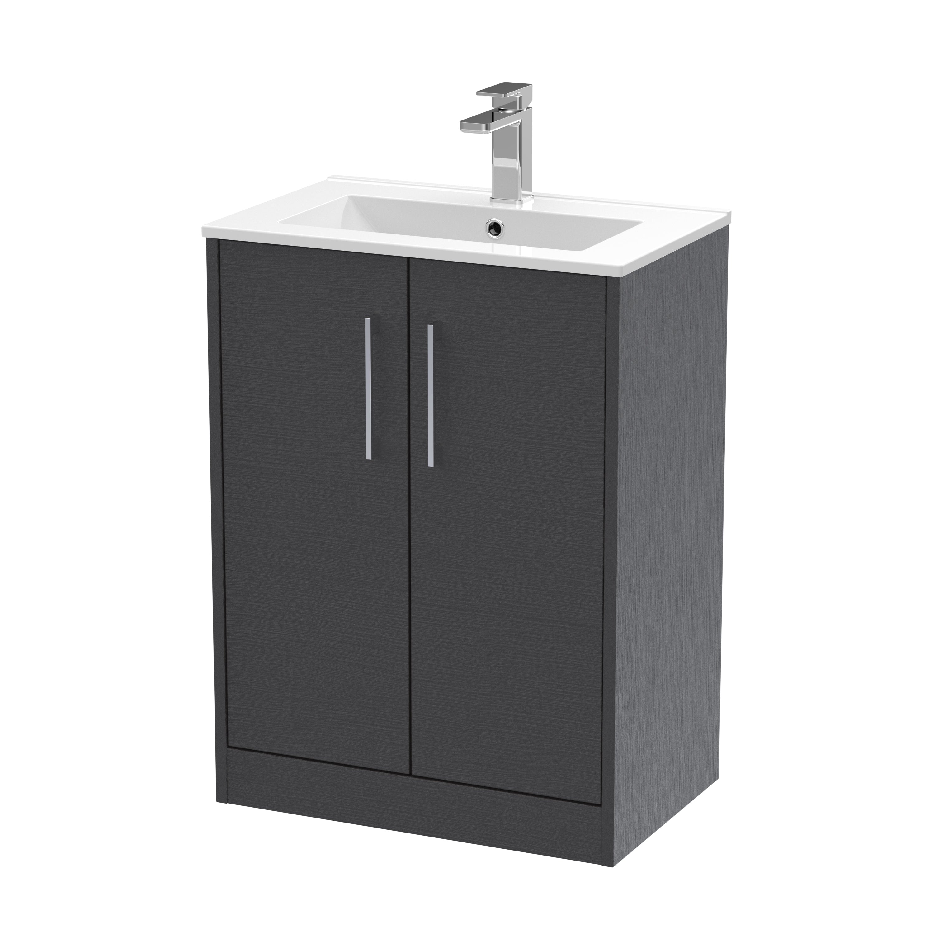 Sleek modern bathroom vanity with integrated sink and chrome tap, featuring dark grey wood-effect cabinet for contemporary bathroom interior design.