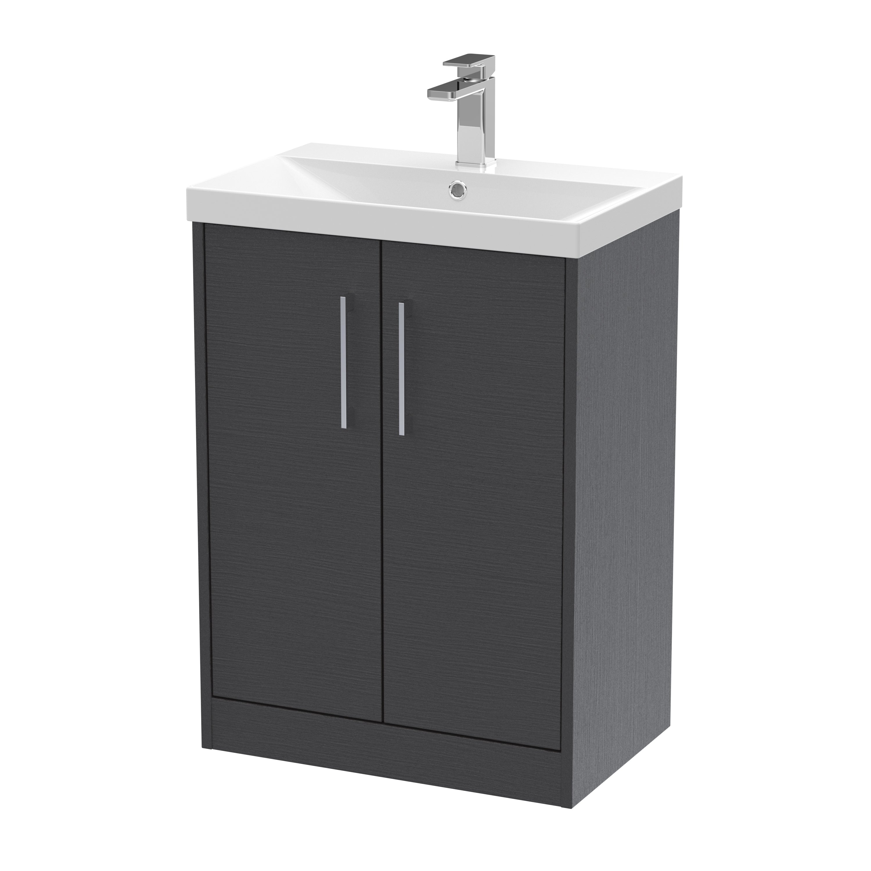 Modern bathroom vanity unit with sink, storage cabinets, and chrome tap for contemporary bathroom design. Perfect for stylish and functional bathroom upgrades.