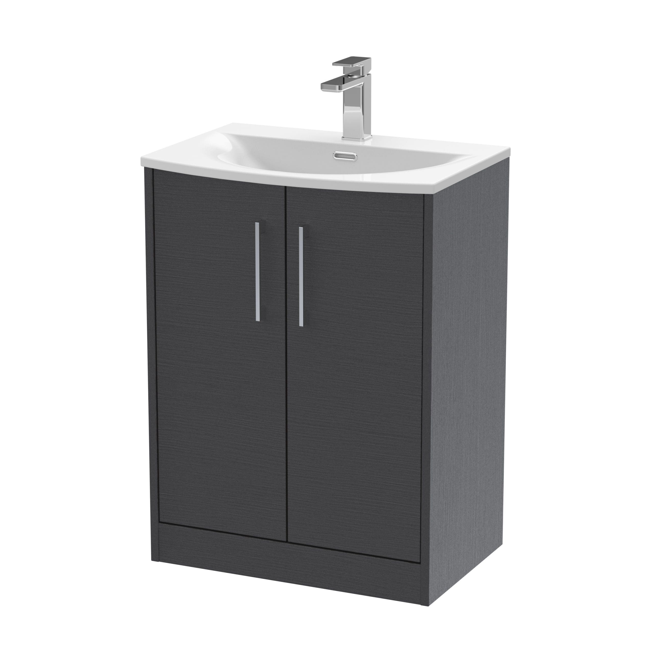 Modern bathroom vanity unit with a white ceramic sink and sleek chrome faucet, ideal for contemporary bathroom design, offering storage space with dark wood finish.