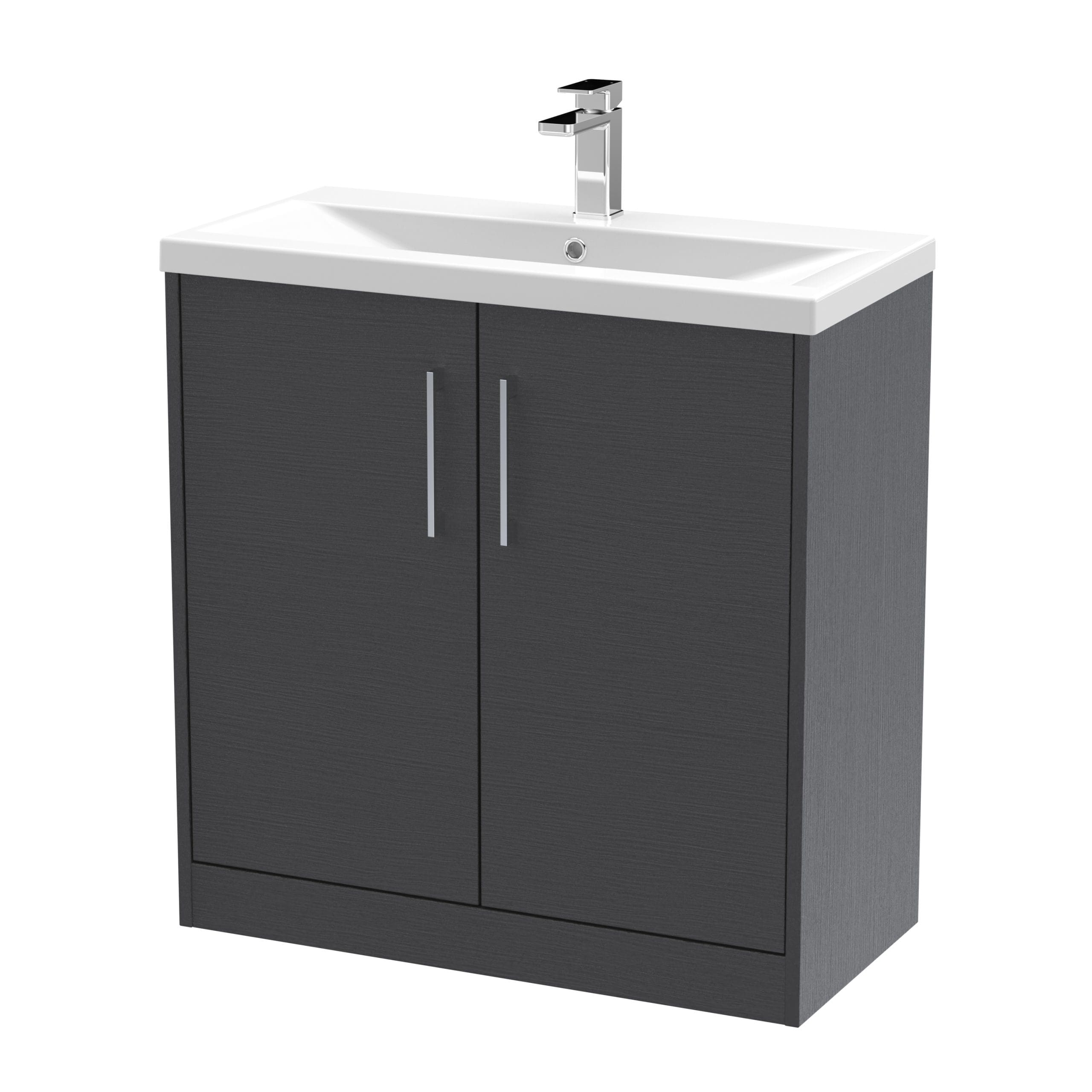 Sleek modern bathroom vanity with grey cabinet and white ceramic sink featuring chrome tap, perfect for contemporary bathroom design and storage solutions.