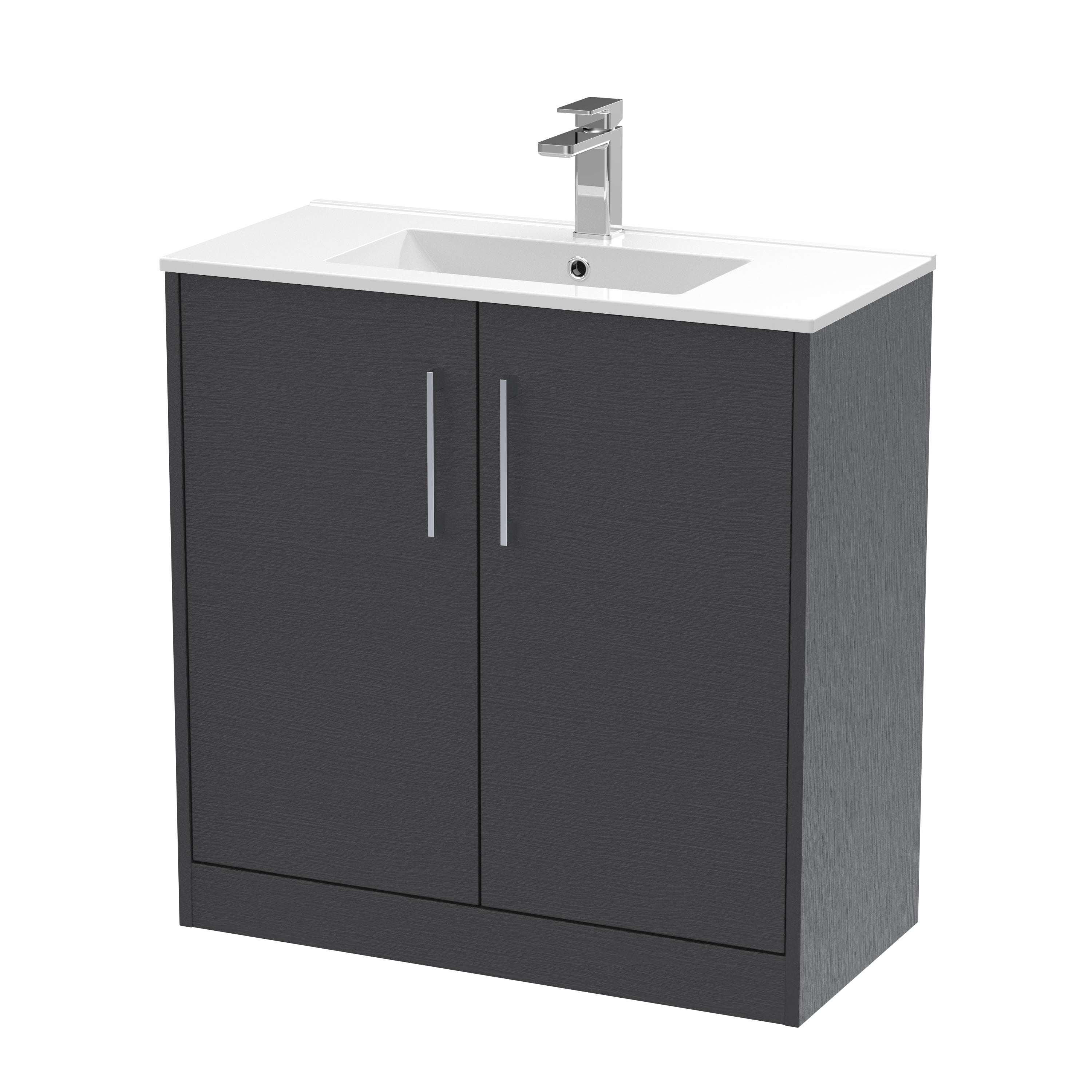 Modern bathroom vanity unit with a basin and sleek silver handles, perfect for contemporary bathrooms and storage solutions.