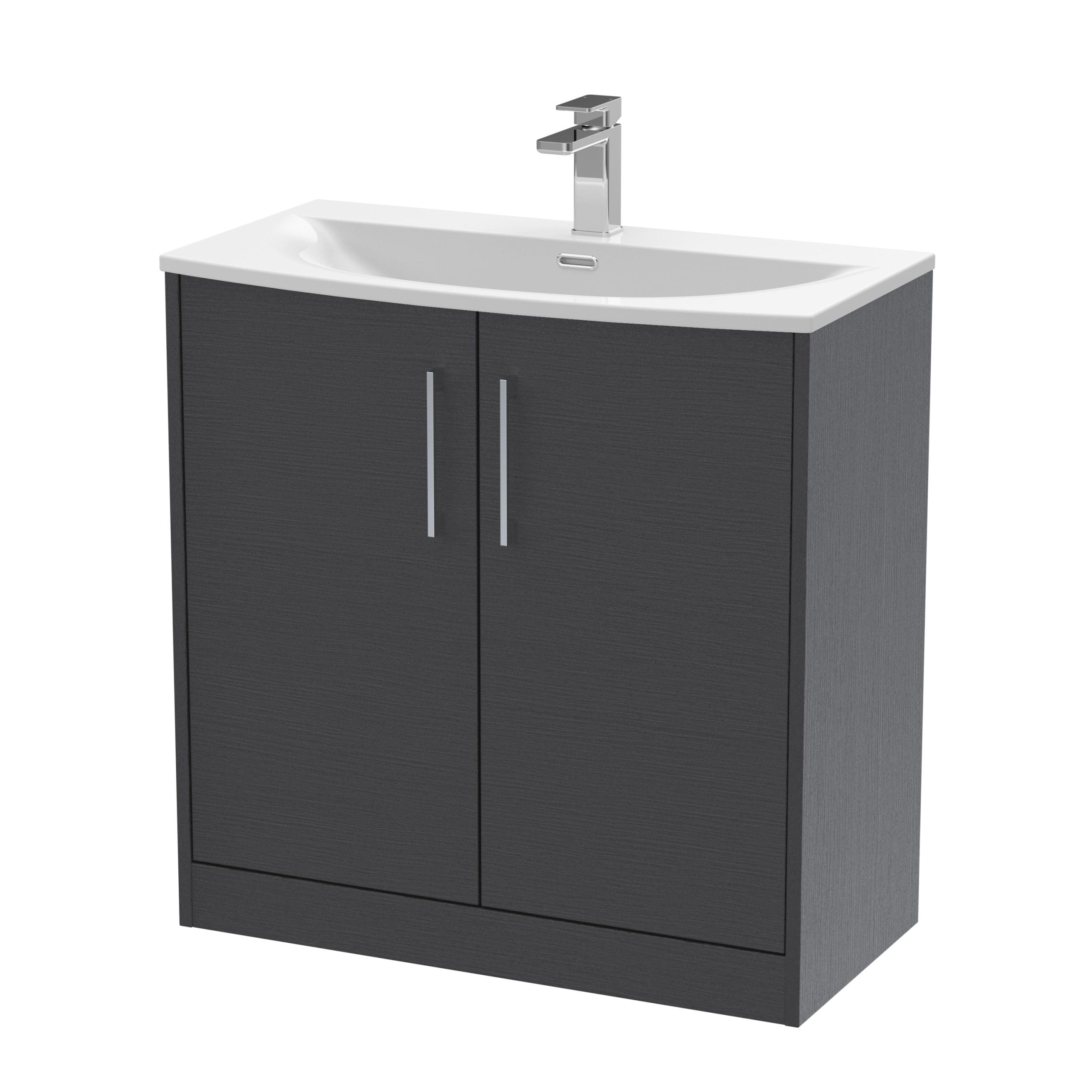 Modern grey bathroom vanity unit with white ceramic sink and chrome tap, ideal for contemporary bathroom refurbishments.