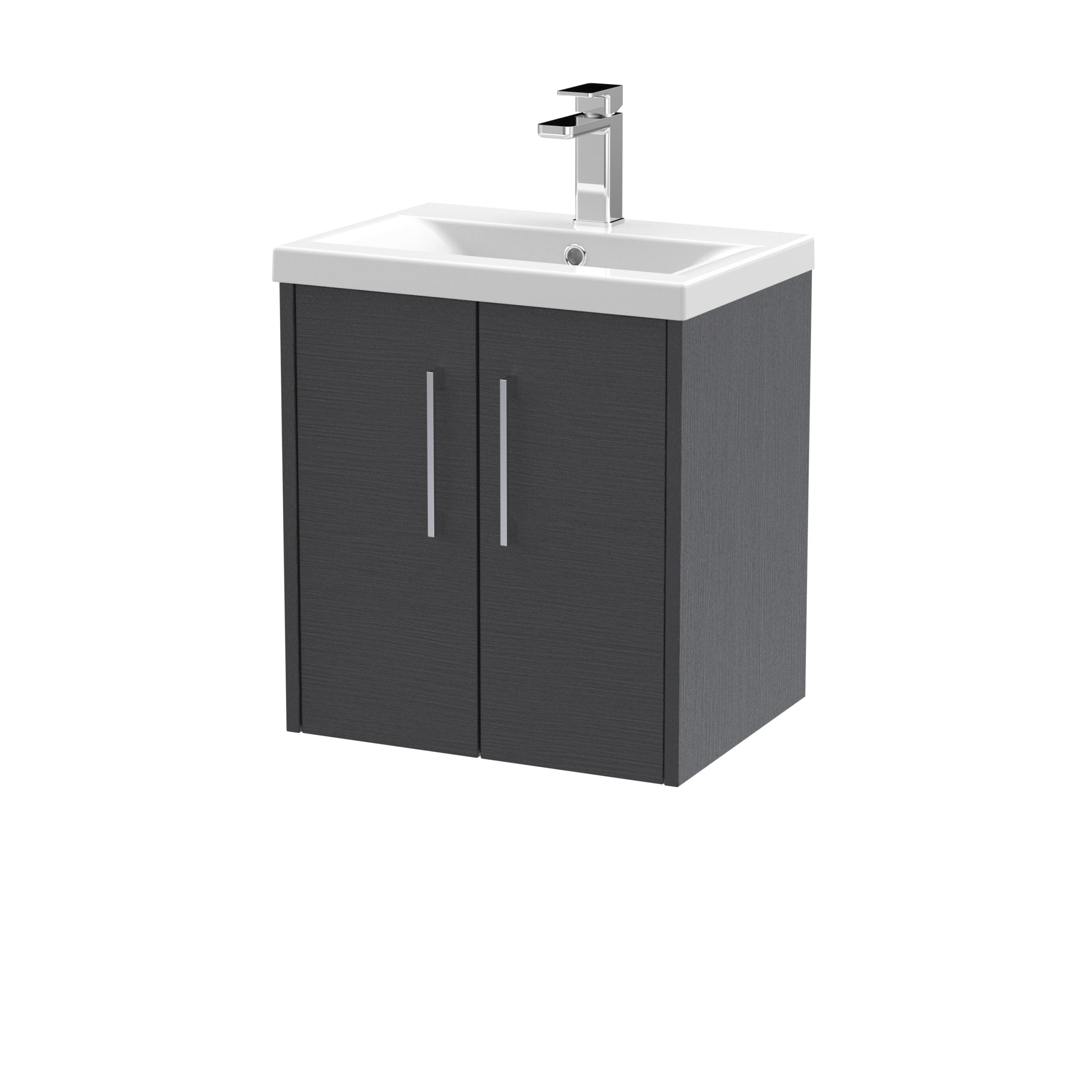 Modern bathroom sink unit with a sleek dark grey cabinet and white ceramic basin, featuring a stylish chrome tap - perfect for contemporary bathroom designs.