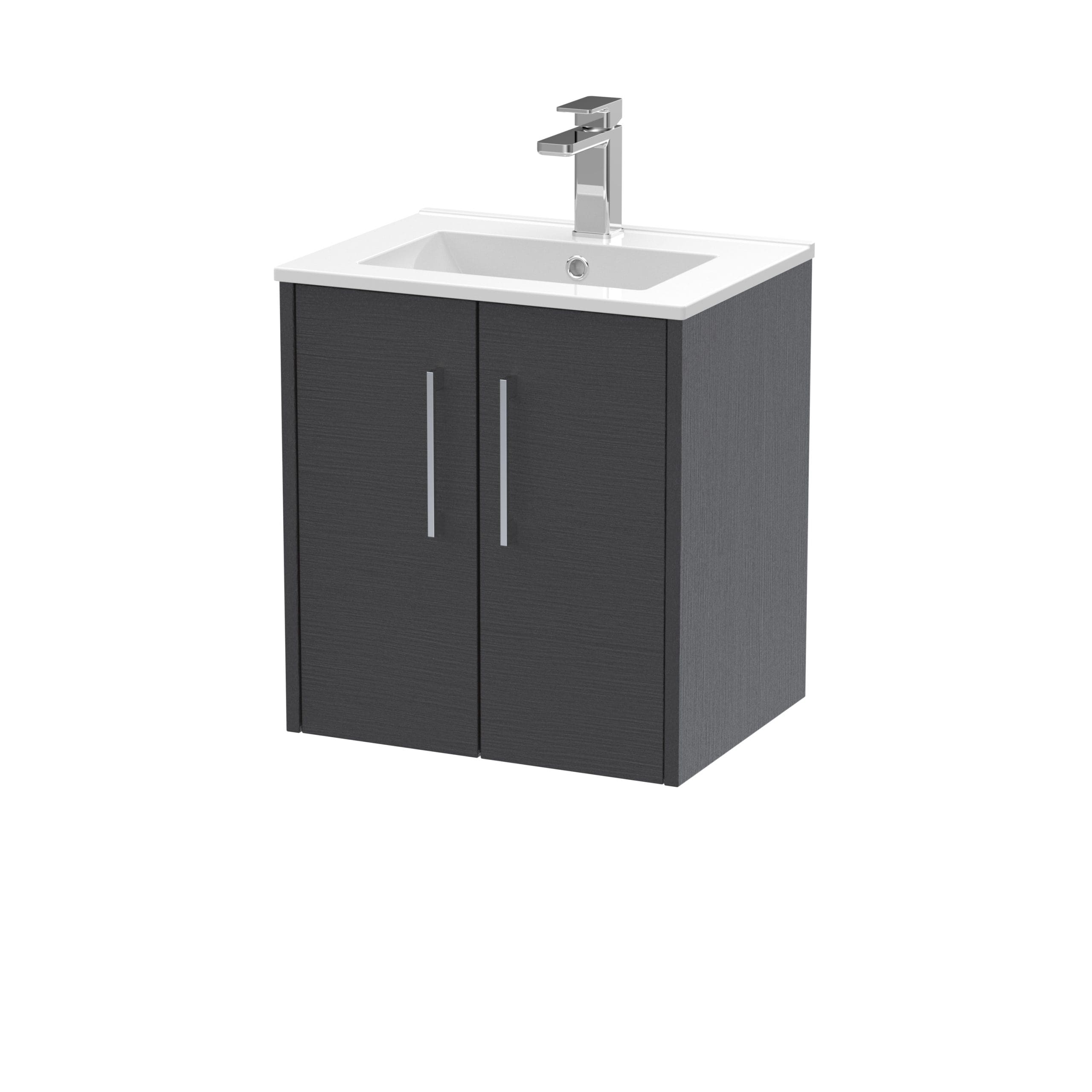 Modern bathroom vanity unit with integrated sink and chrome faucet, perfect for contemporary bathroom decor. Black wood finish with sleek handles for a stylish, functional space.