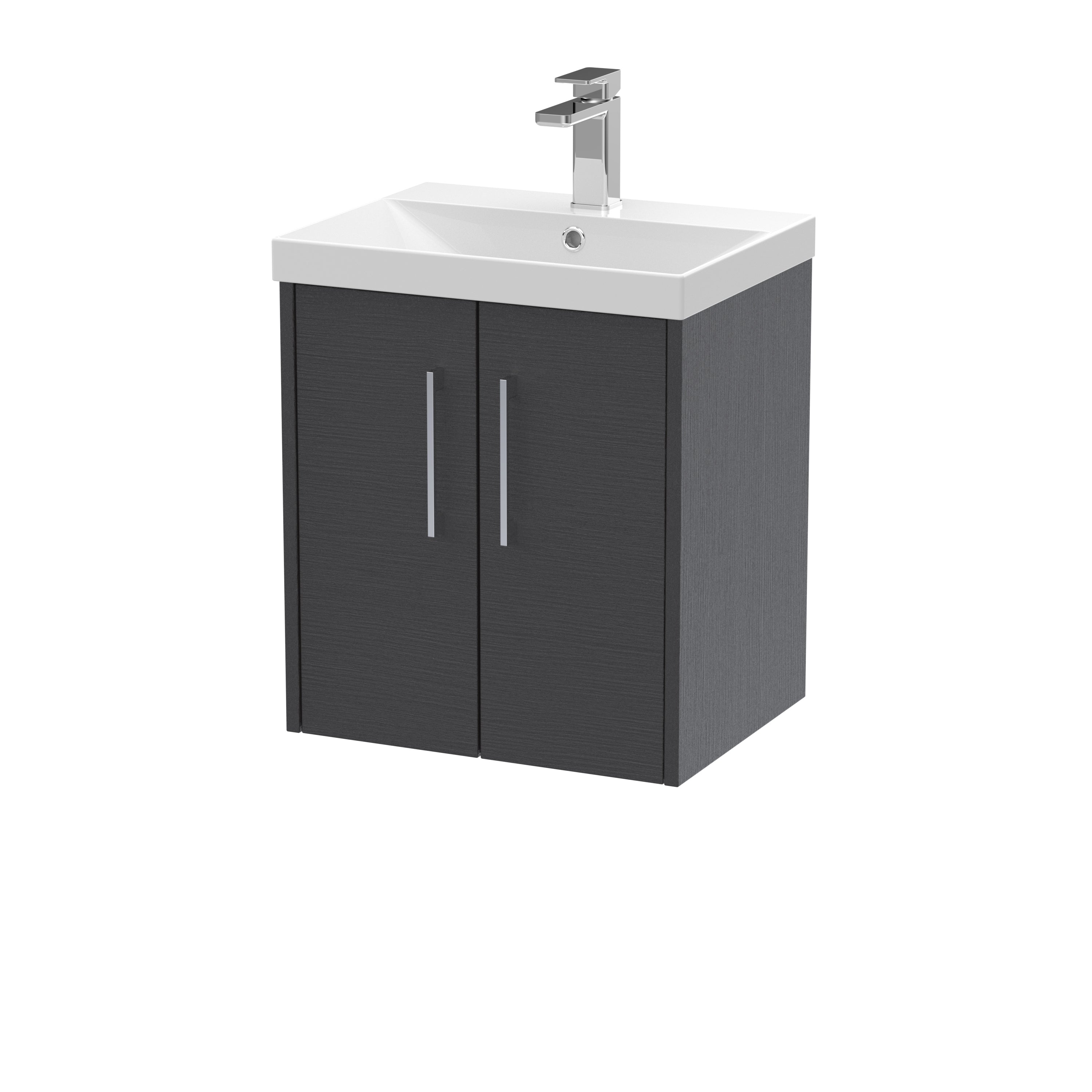 Modern bathroom vanity unit with sink, grey wood finish, sleek handles, and contemporary chrome tap, perfect for stylish bathroom renovation or upgrade.