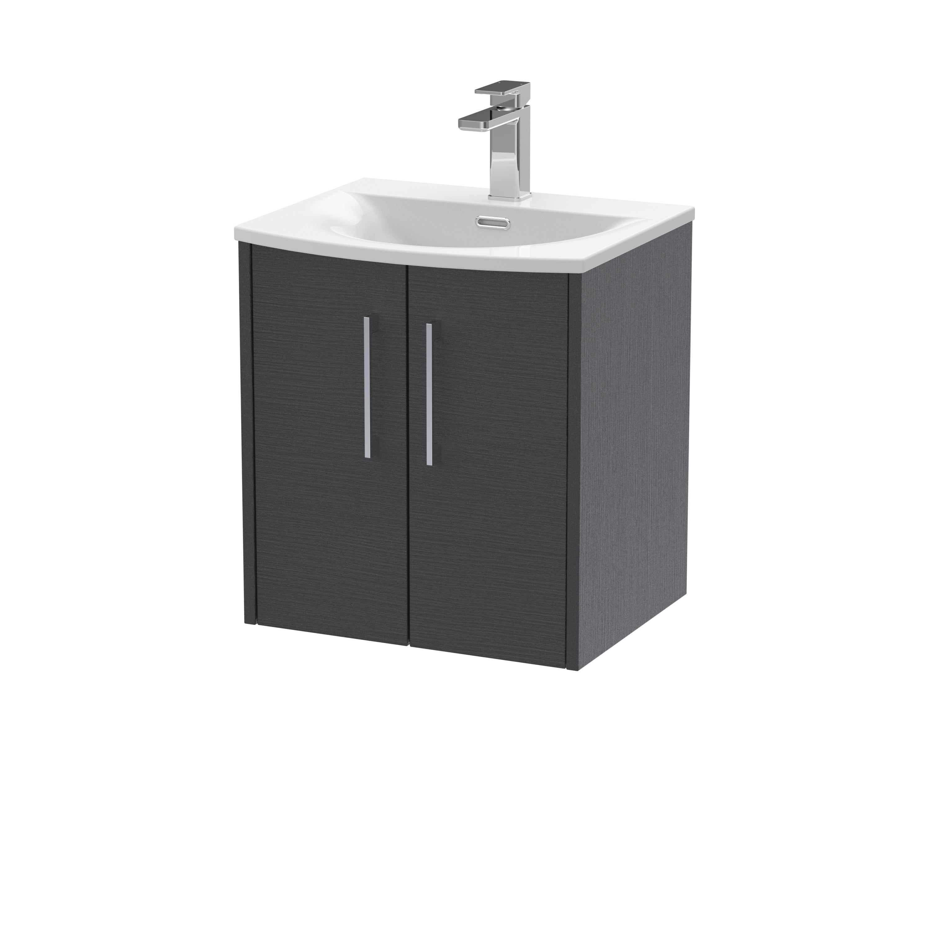 Stylish black bathroom vanity unit with a integrated white ceramic sink and modern chrome tap, ideal for contemporary bathroom decor.