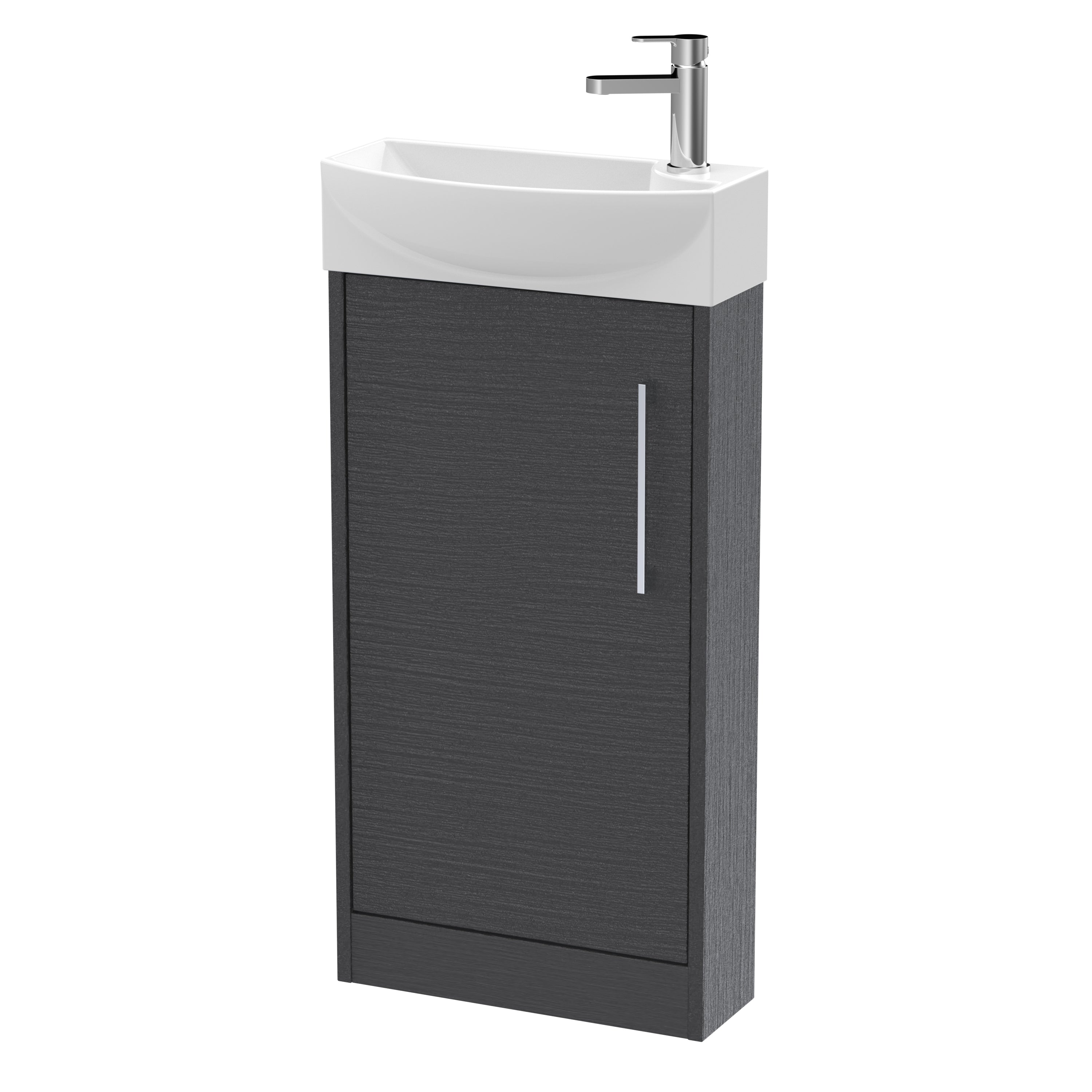 Sleek bathroom vanity with integrated sink and modern chrome faucet, perfect for compact bathroom spaces and contemporary bathroom design.