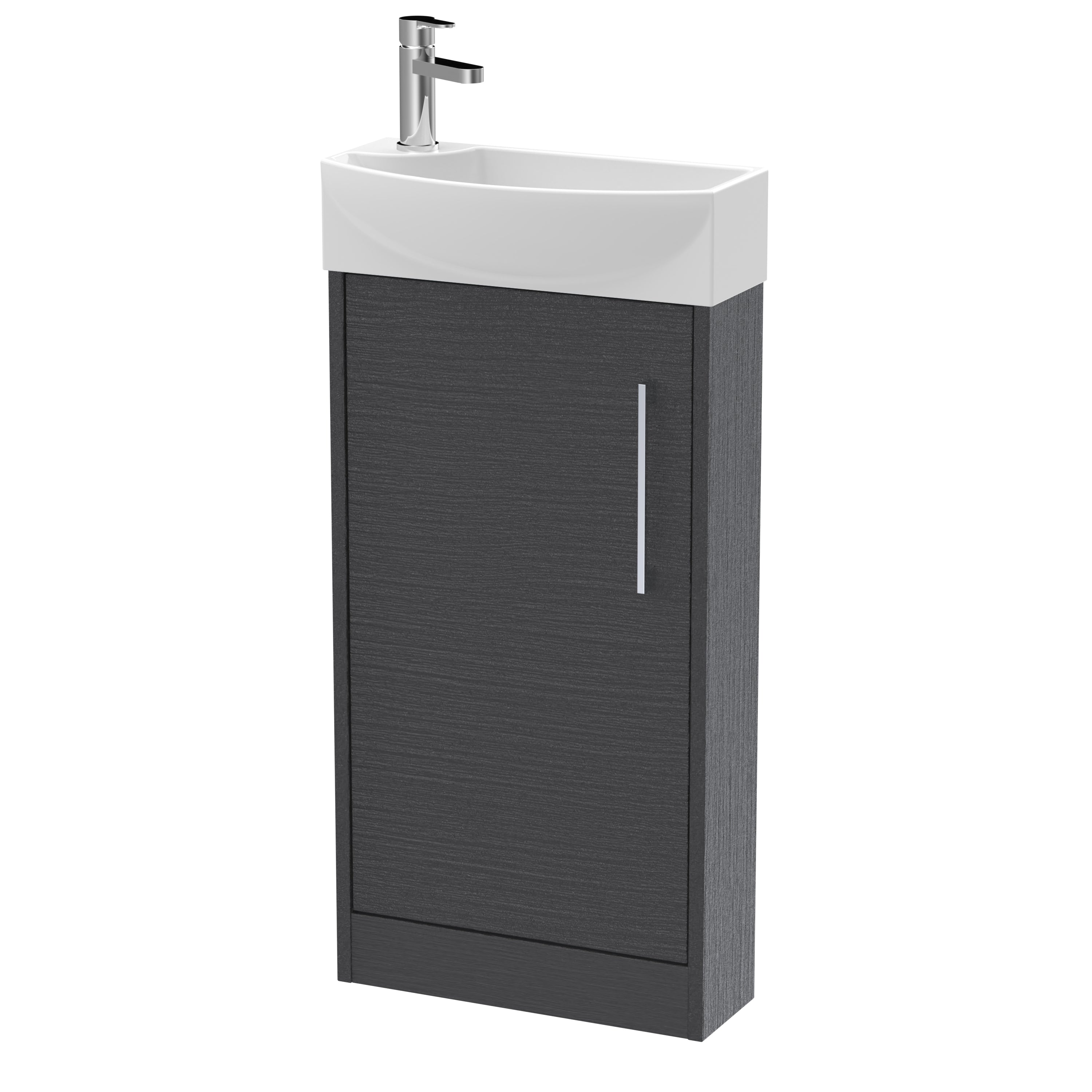 Modern bathroom sink with sleek black cabinet and white basin, ideal for contemporary bathroom designs, featuring a chrome faucet and practical storage.