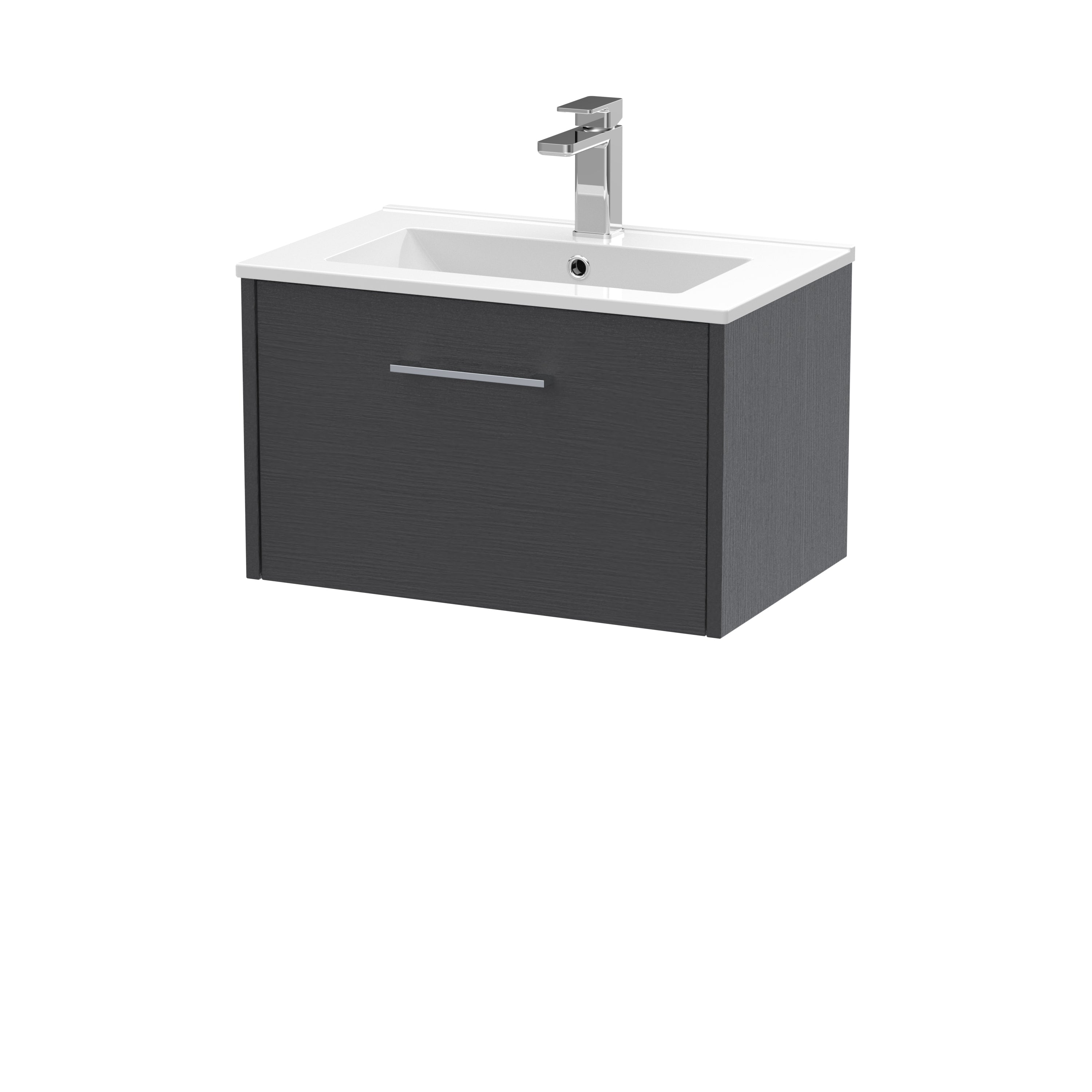 Modern black bathroom vanity unit with integrated white basin and chrome tap, ideal for contemporary bathroom renovations and space-saving storage solutions.