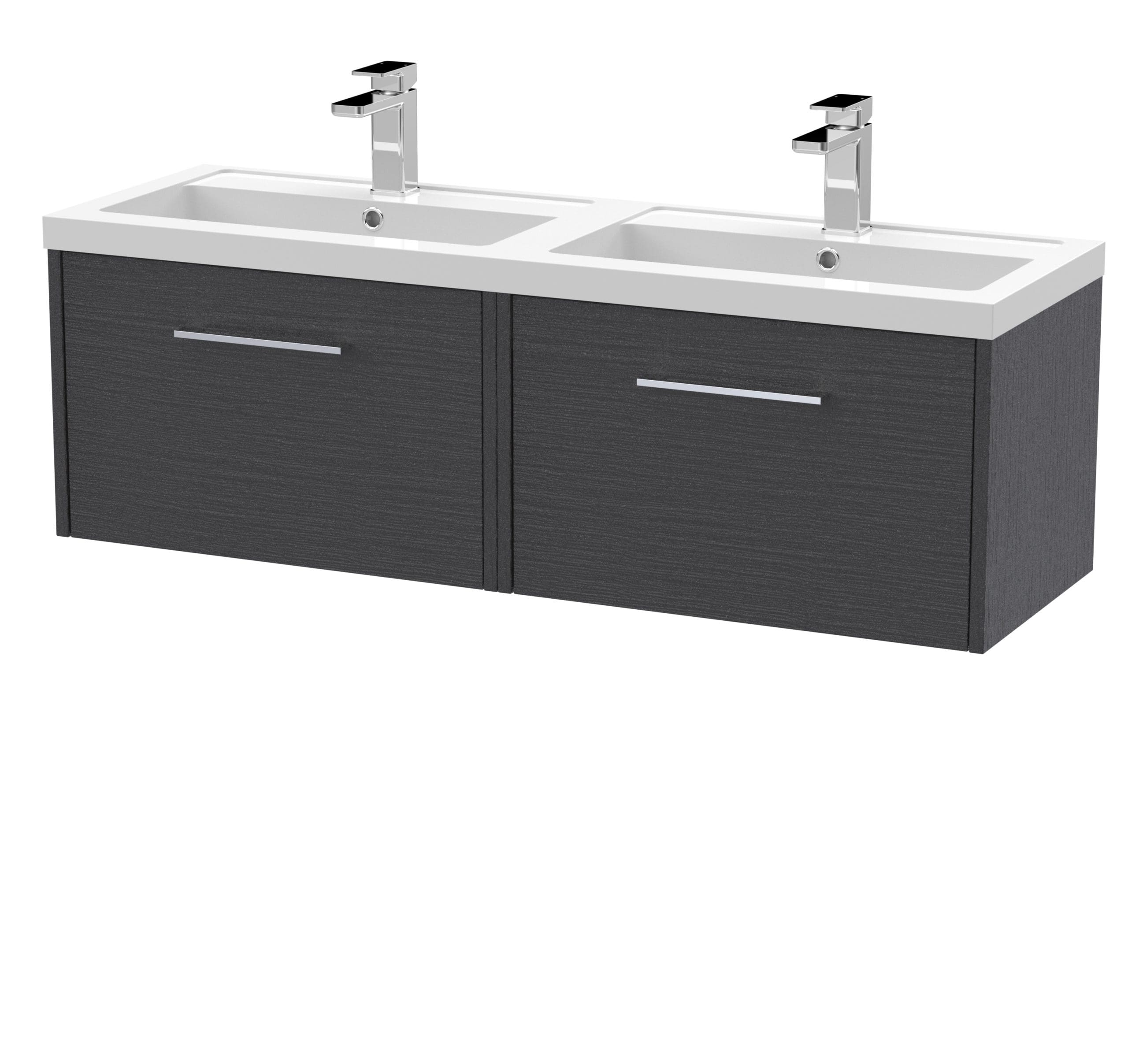 Contemporary double bathroom vanity with two sinks, chrome taps, and dark wood finish cabinets, ideal for modern bathrooms.