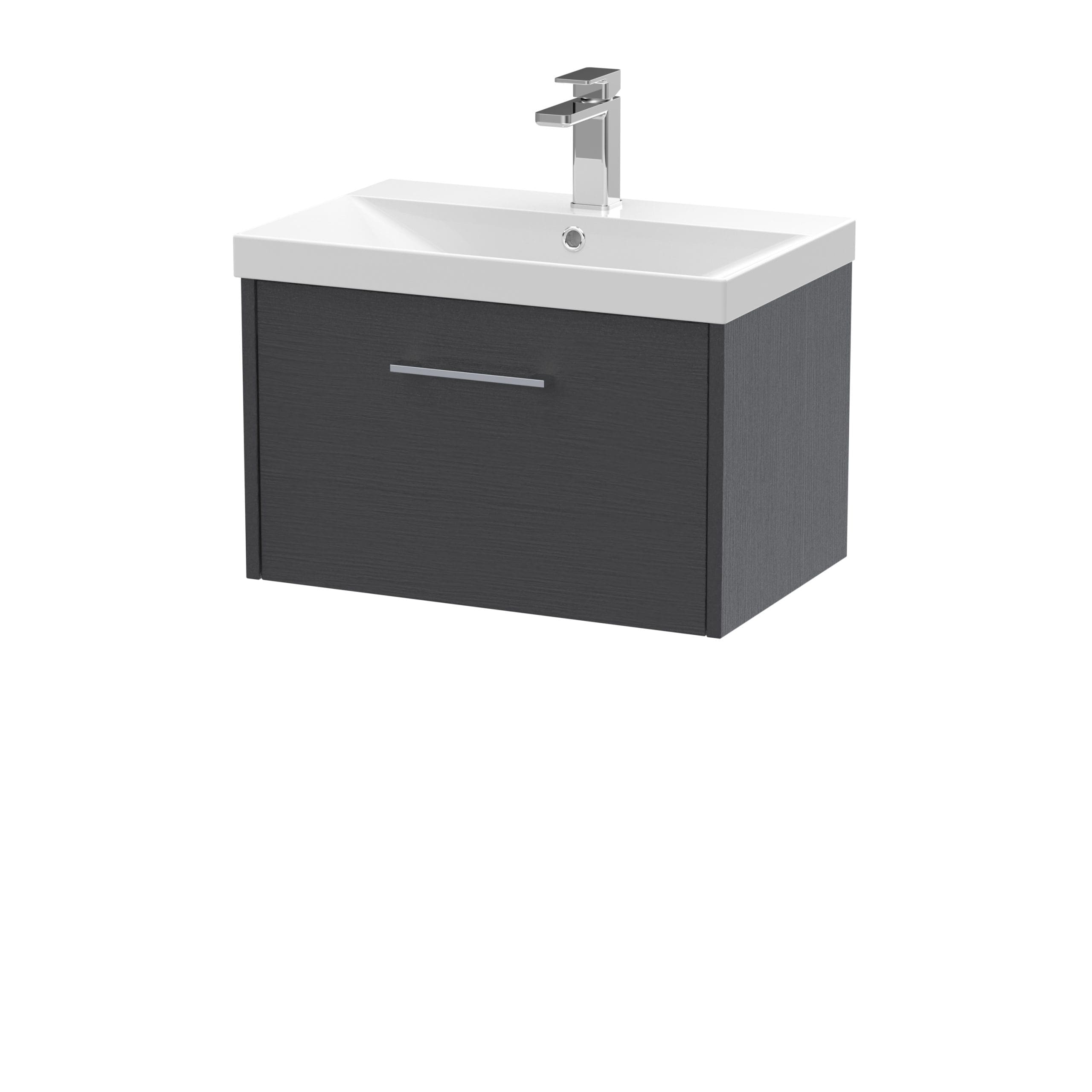 Modern black bathroom vanity unit with integrated sink and chrome faucet, ideal for contemporary bathroom design. Perfect for stylish storage and efficient space use in bathrooms.
