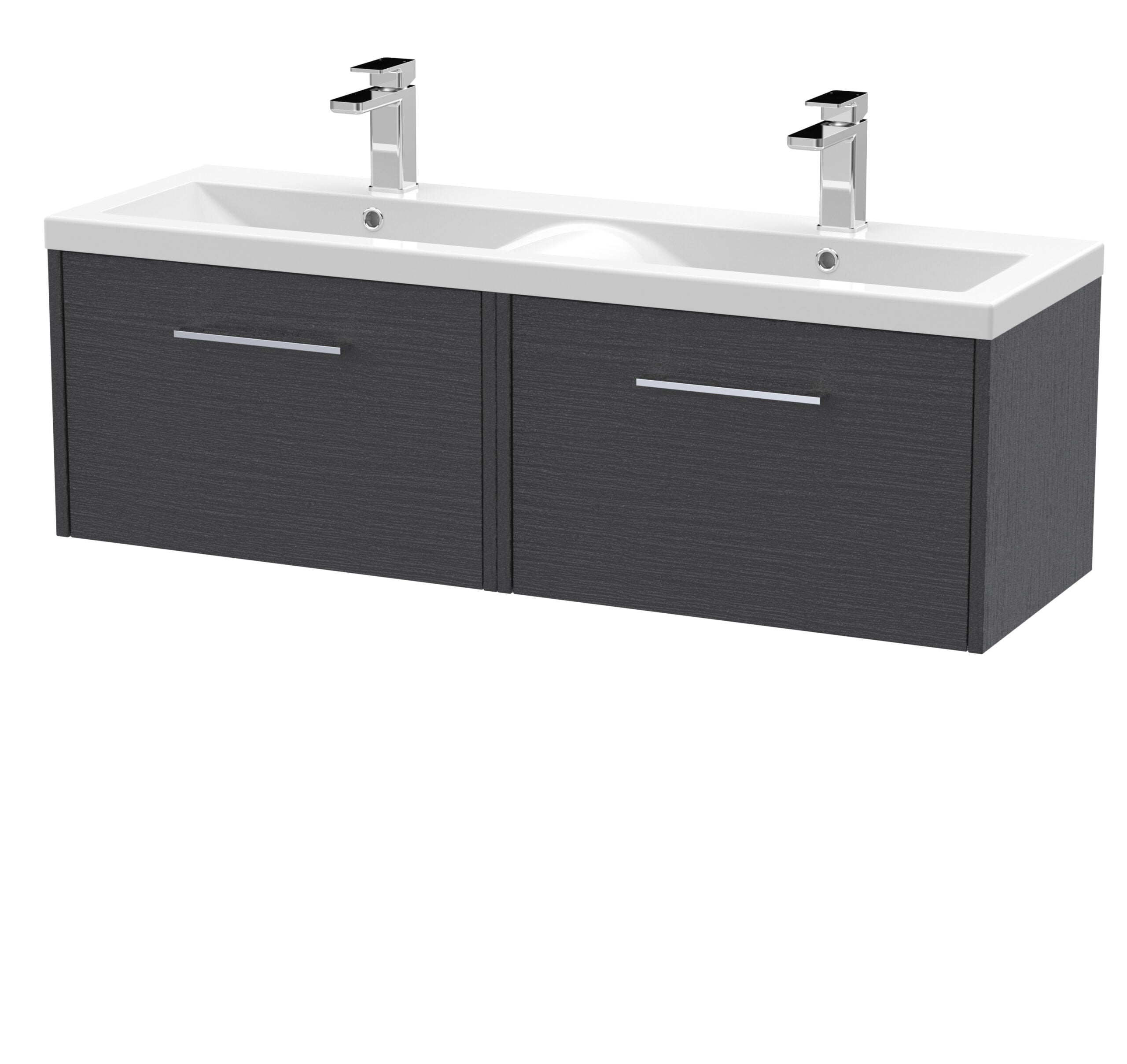 Modern dual sink bathroom vanity with dark wood finish and chrome handles, ideal for contemporary bathrooms, featuring durable ceramic sink and sleek design for optimal functionality.