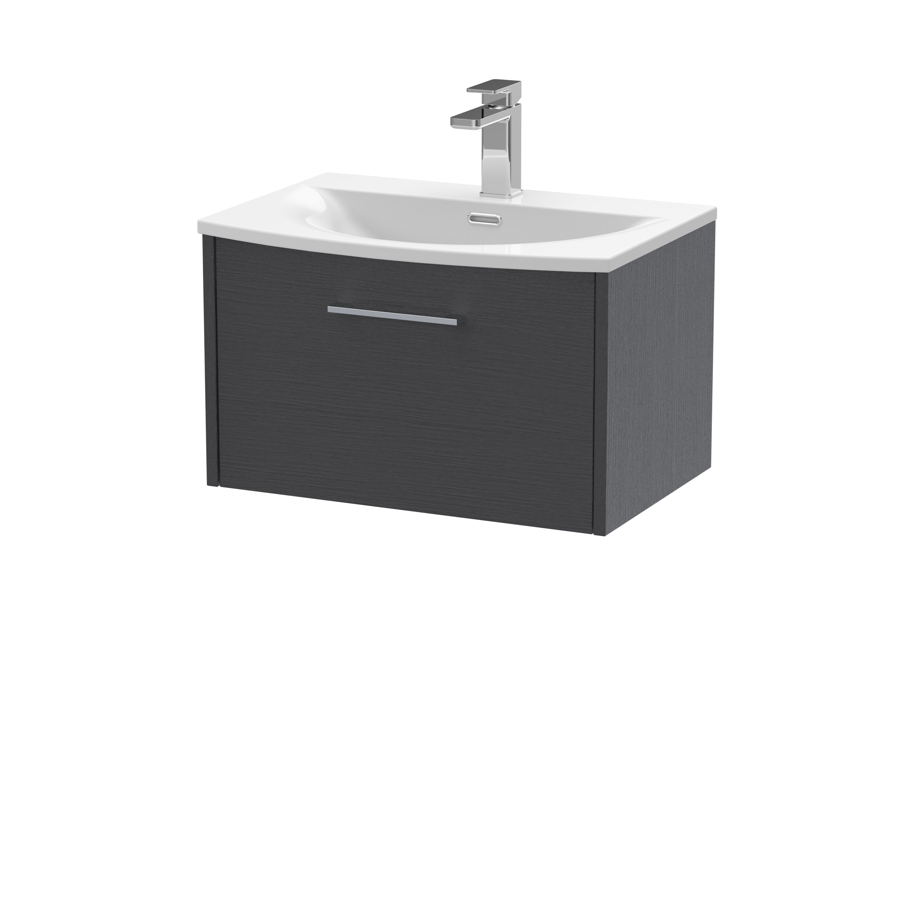 Modern bathroom vanity with a sleek dark grey finish, integrated ceramic sink, and contemporary chrome faucet for stylish bathroom storage and design.