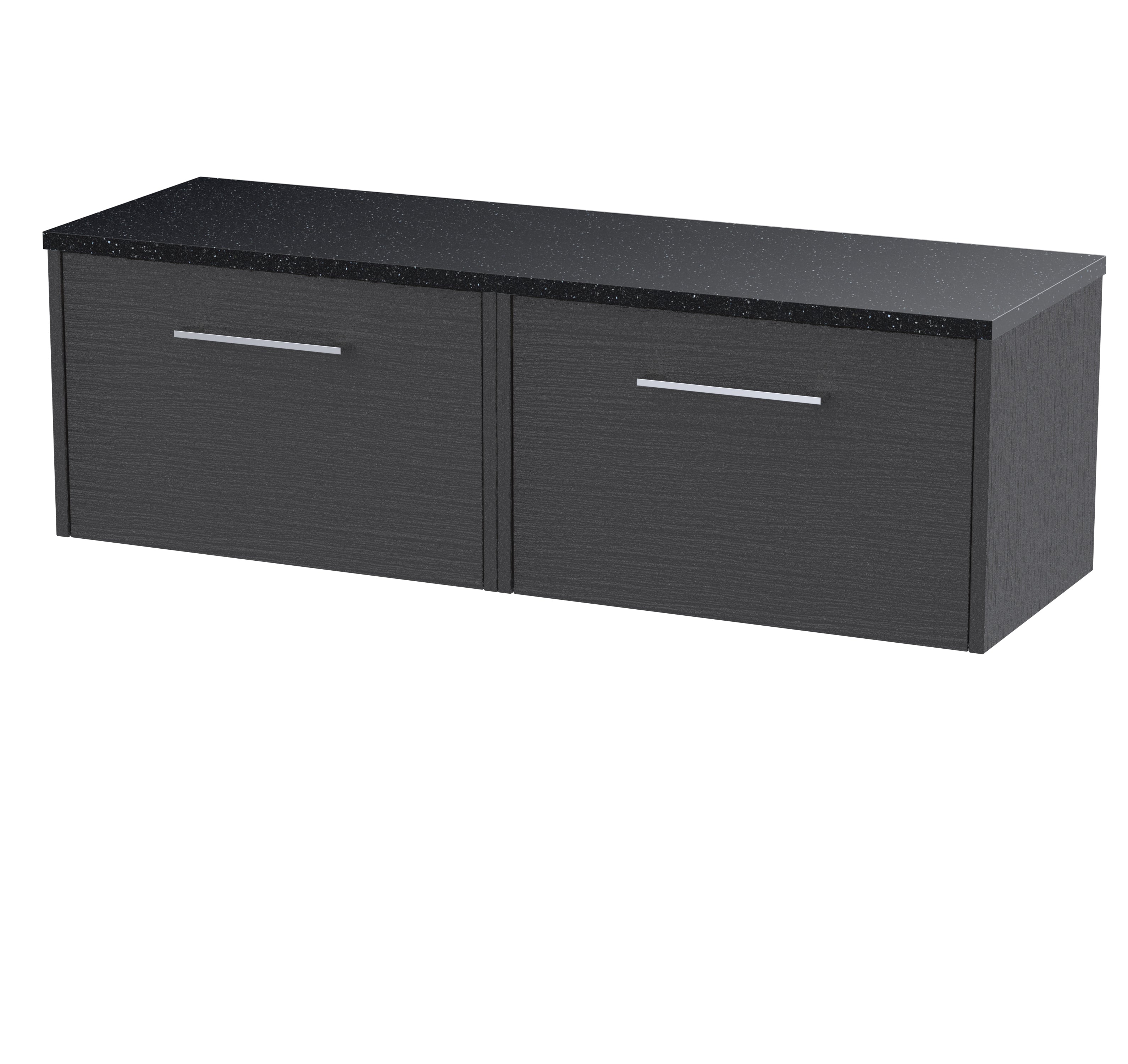 Sleek black bathroom vanity unit with a durable speckled black countertop and modern metal handles, ideal for contemporary bathroom storage solutions.