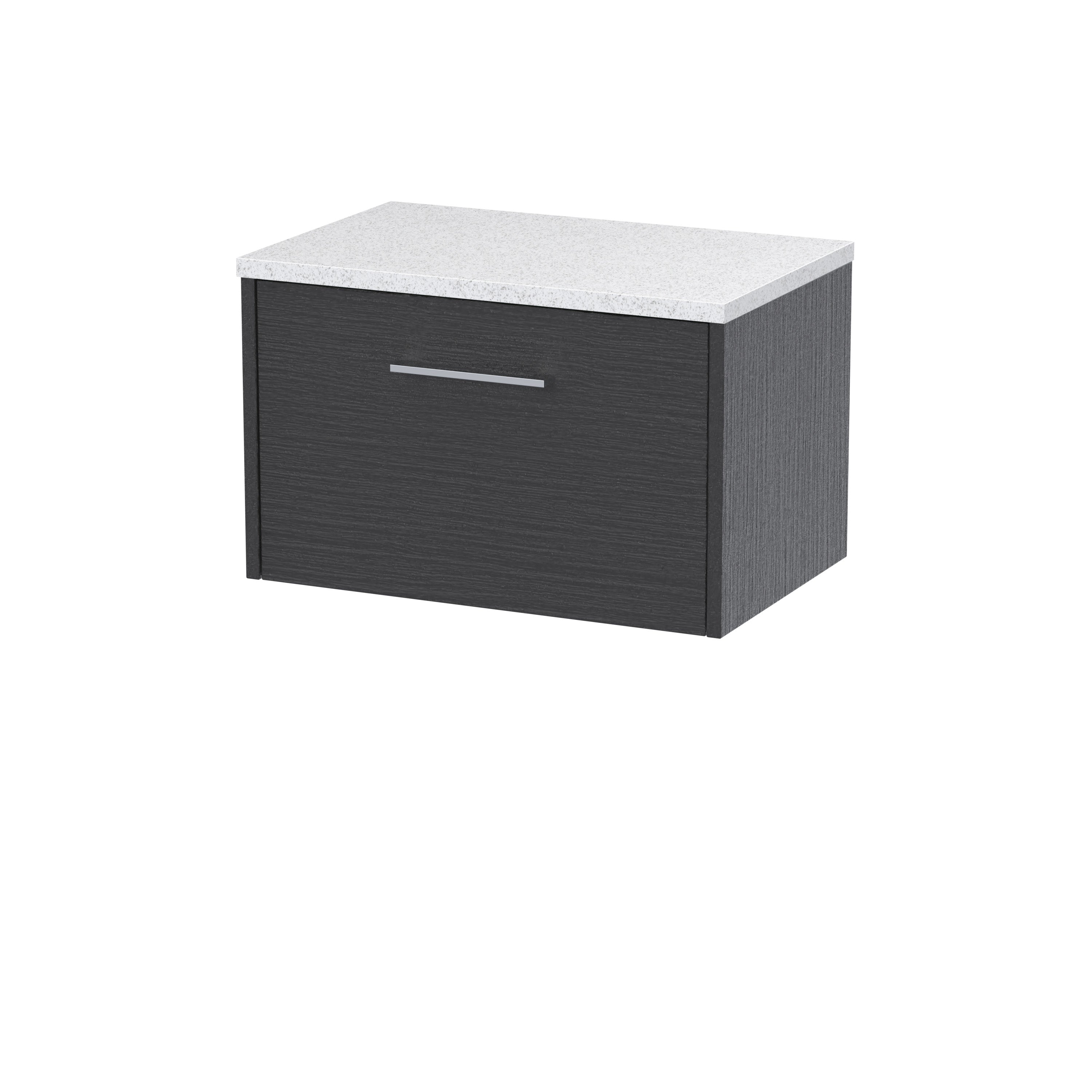 Sleek modern bathroom cabinet with a black textured finish and a white speckled countertop, ideal for contemporary bathroom storage solutions.