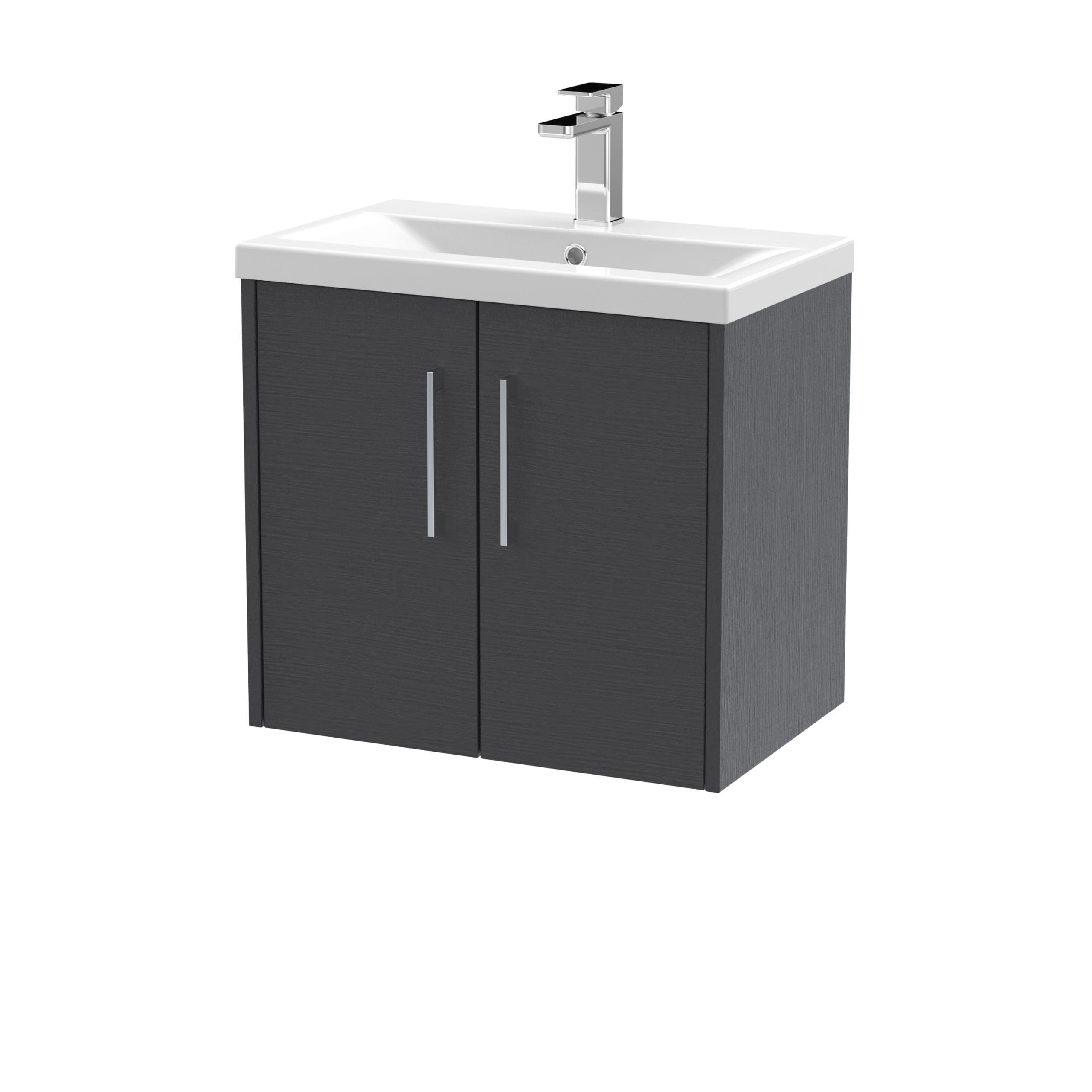 Sleek modern bathroom vanity with black wooden cabinet and white ceramic sink, featuring a contemporary chrome tap, ideal for stylish bathroom renovation projects.