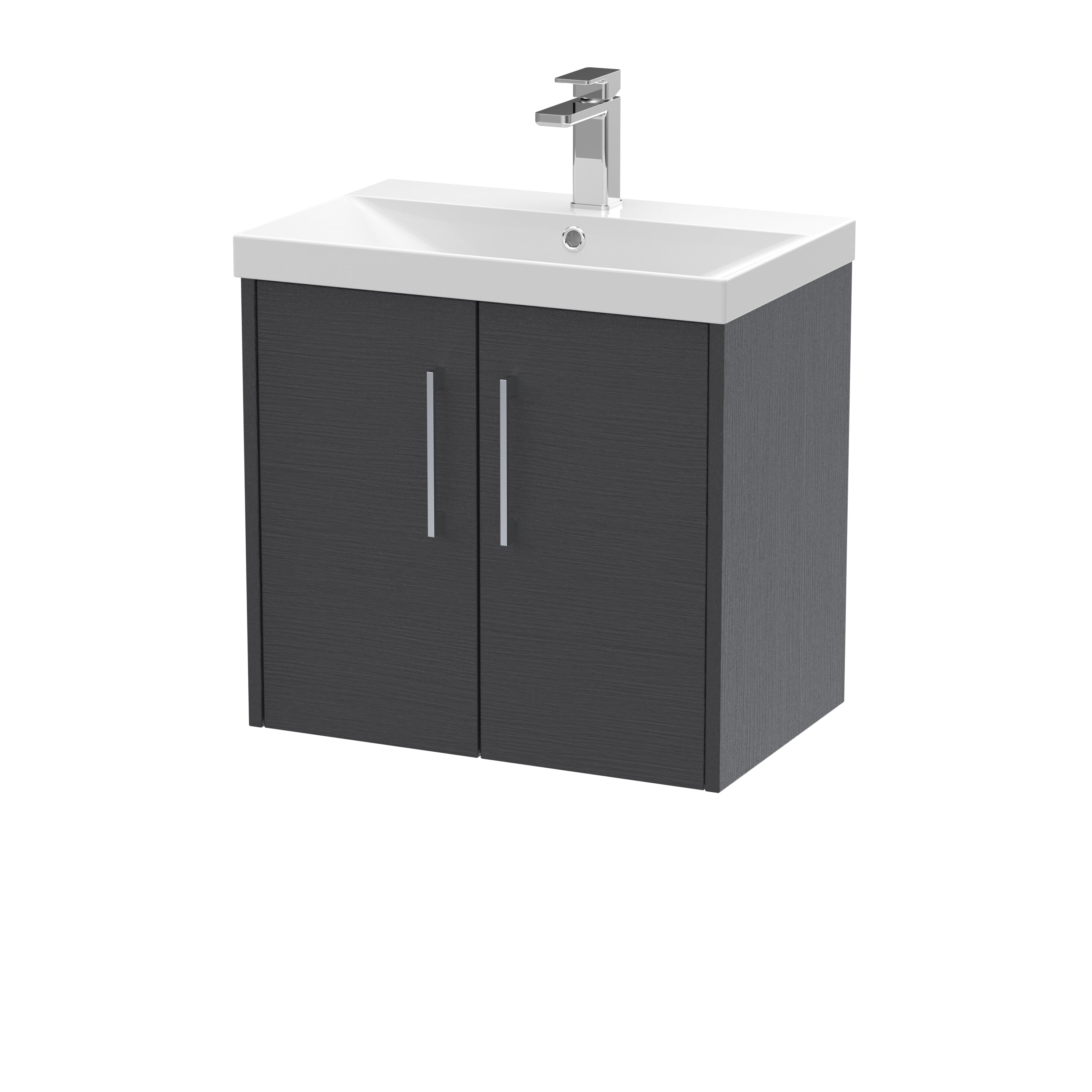 Modern bathroom vanity with a white ceramic sink and dark grey wooden cabinet, ideal for contemporary bathroom designs.