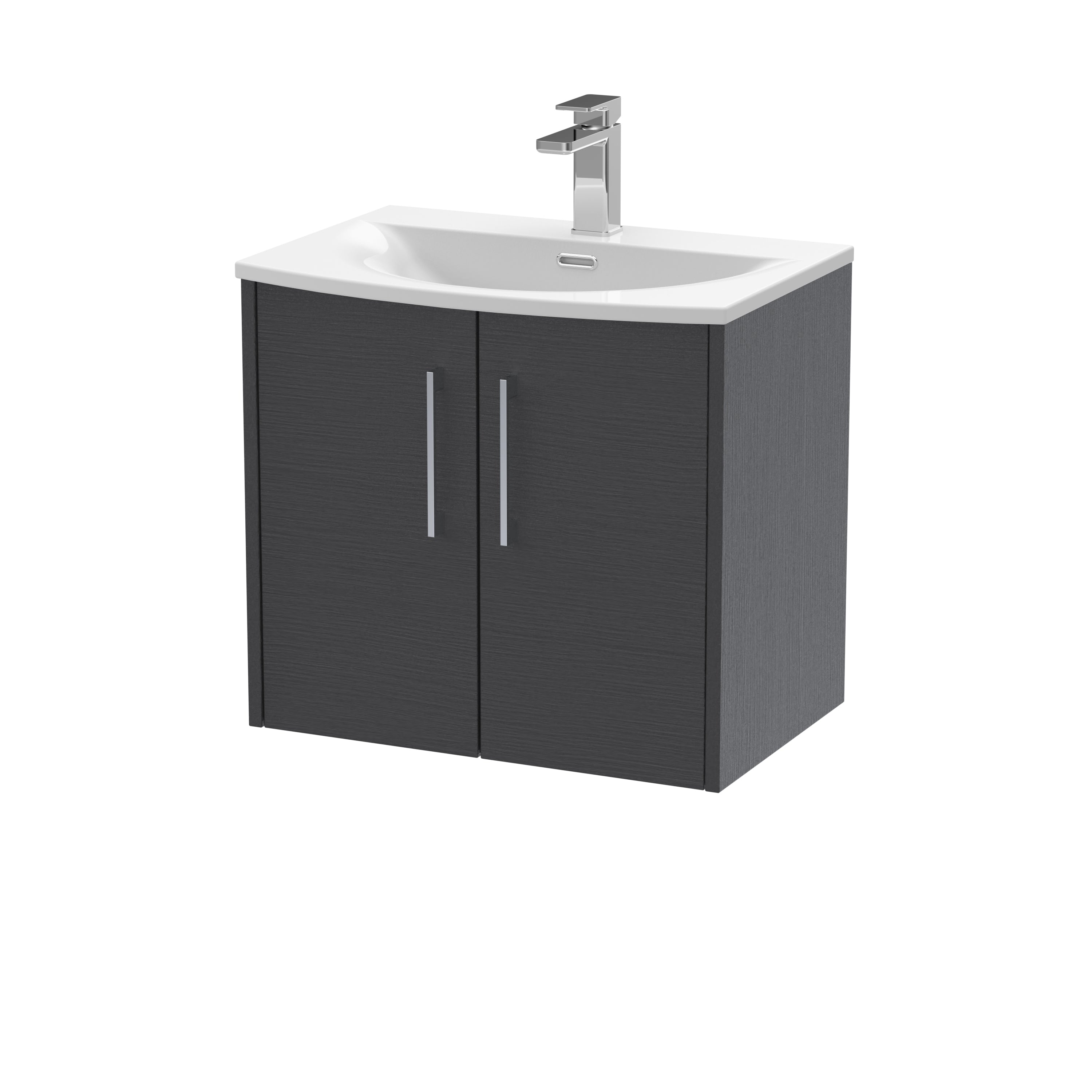 Sleek bathroom vanity with a contemporary black wood finish, integrated white ceramic sink, and modern chrome faucet, perfect for stylish bathroom upgrades.
