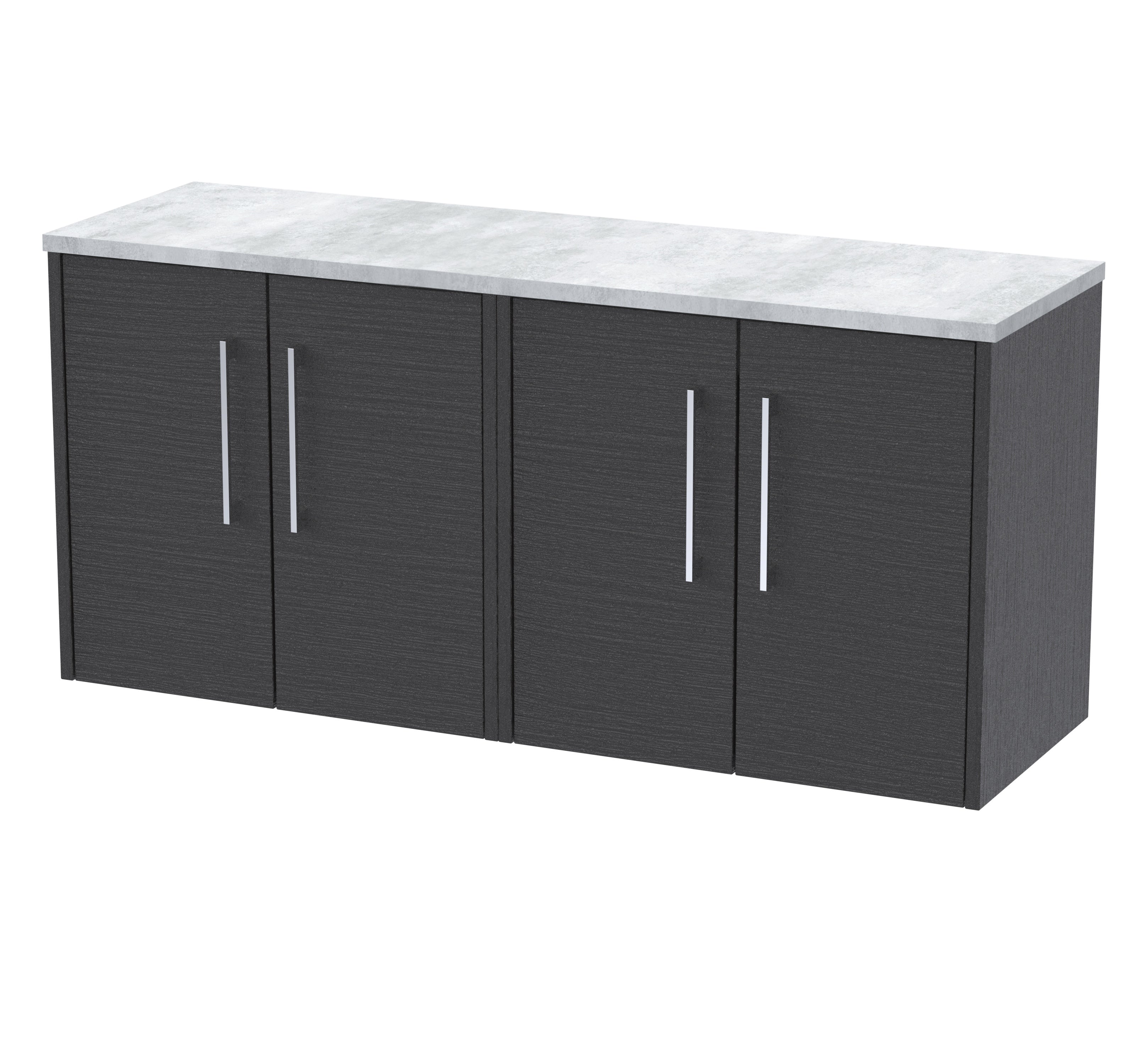 Sleek black bathroom cabinet with silver handles and a light grey marble top, perfect for modern bathroom storage solutions.