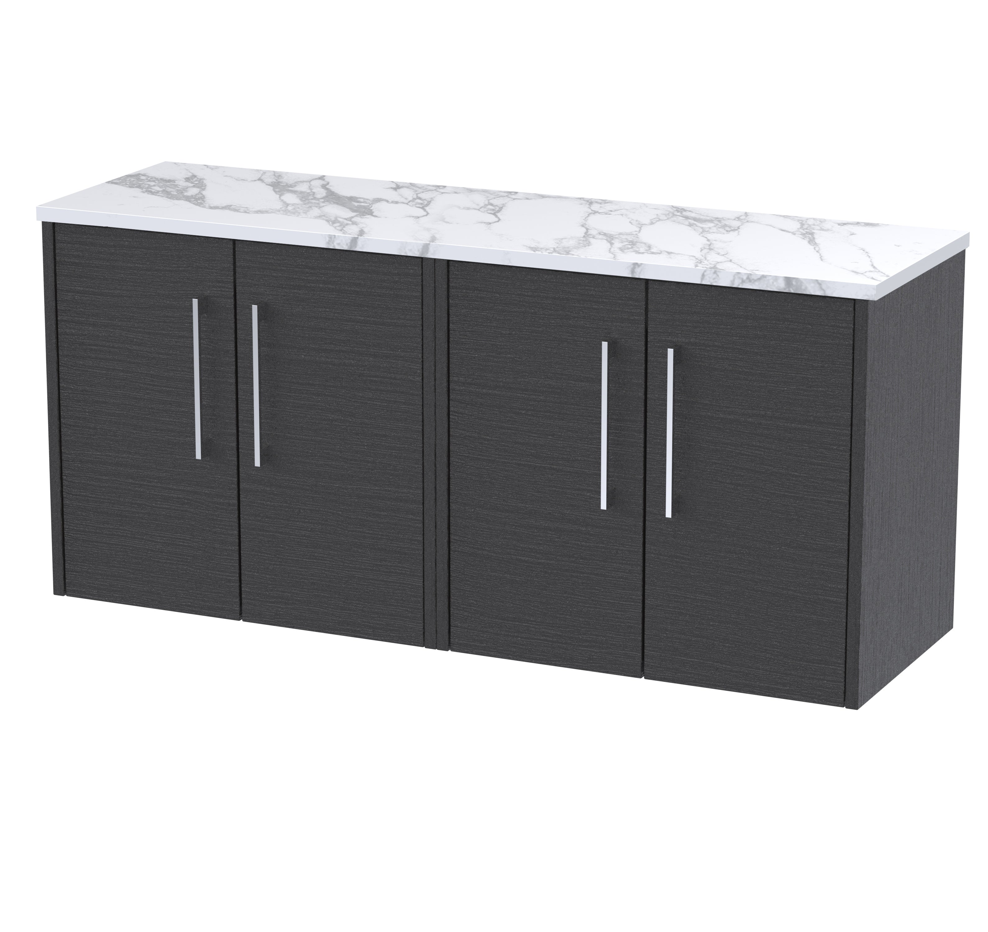 Sleek black bathroom storage cabinet with white marble top, modern design, and chrome handles for elegant bathroom organisation. Suitable for contemporary bathroom settings.
