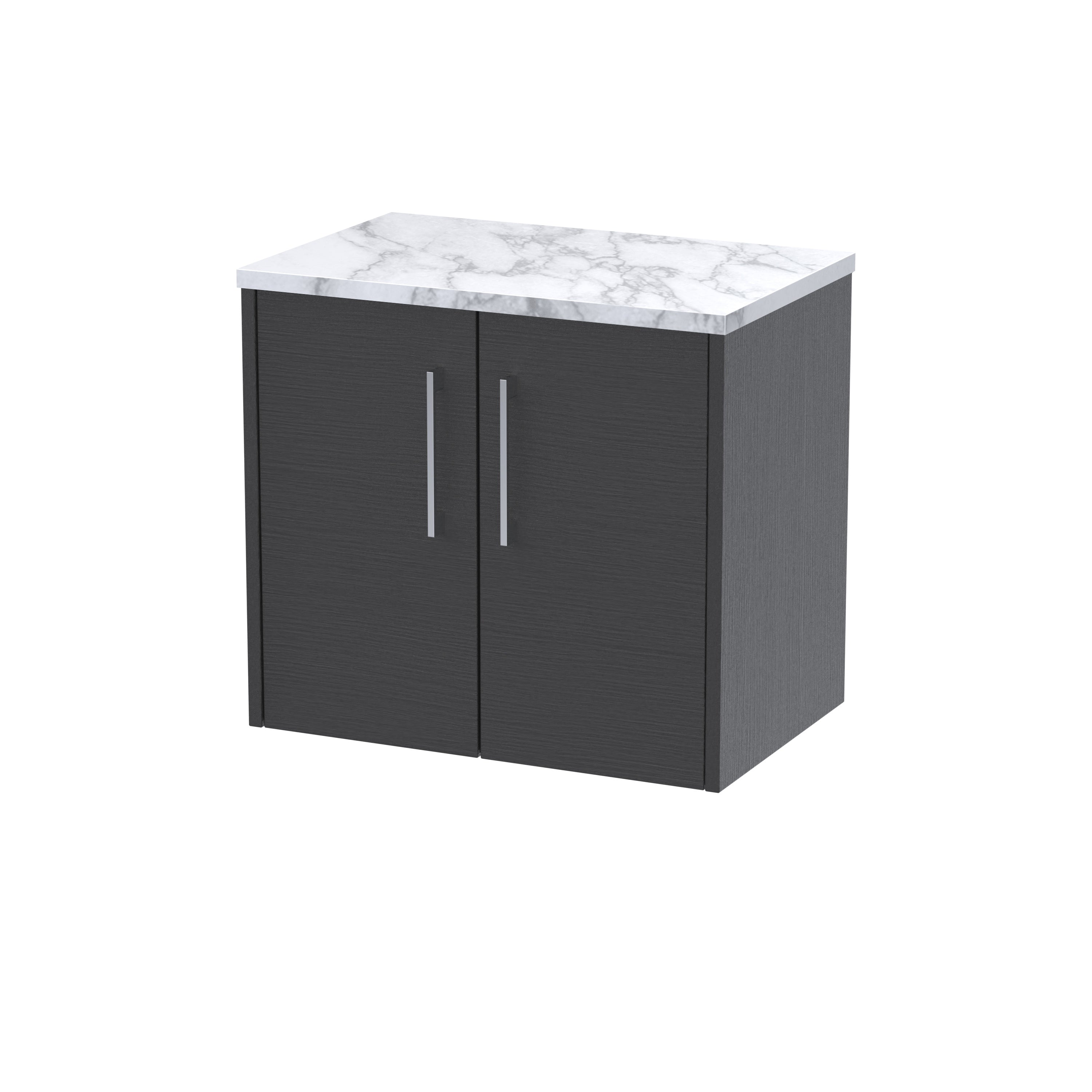 Sleek black bathroom cabinet with a white marble top, perfect for modern bathroom storage solutions. Durable finish and contemporary design ideal for enhancing bathroom aesthetics.