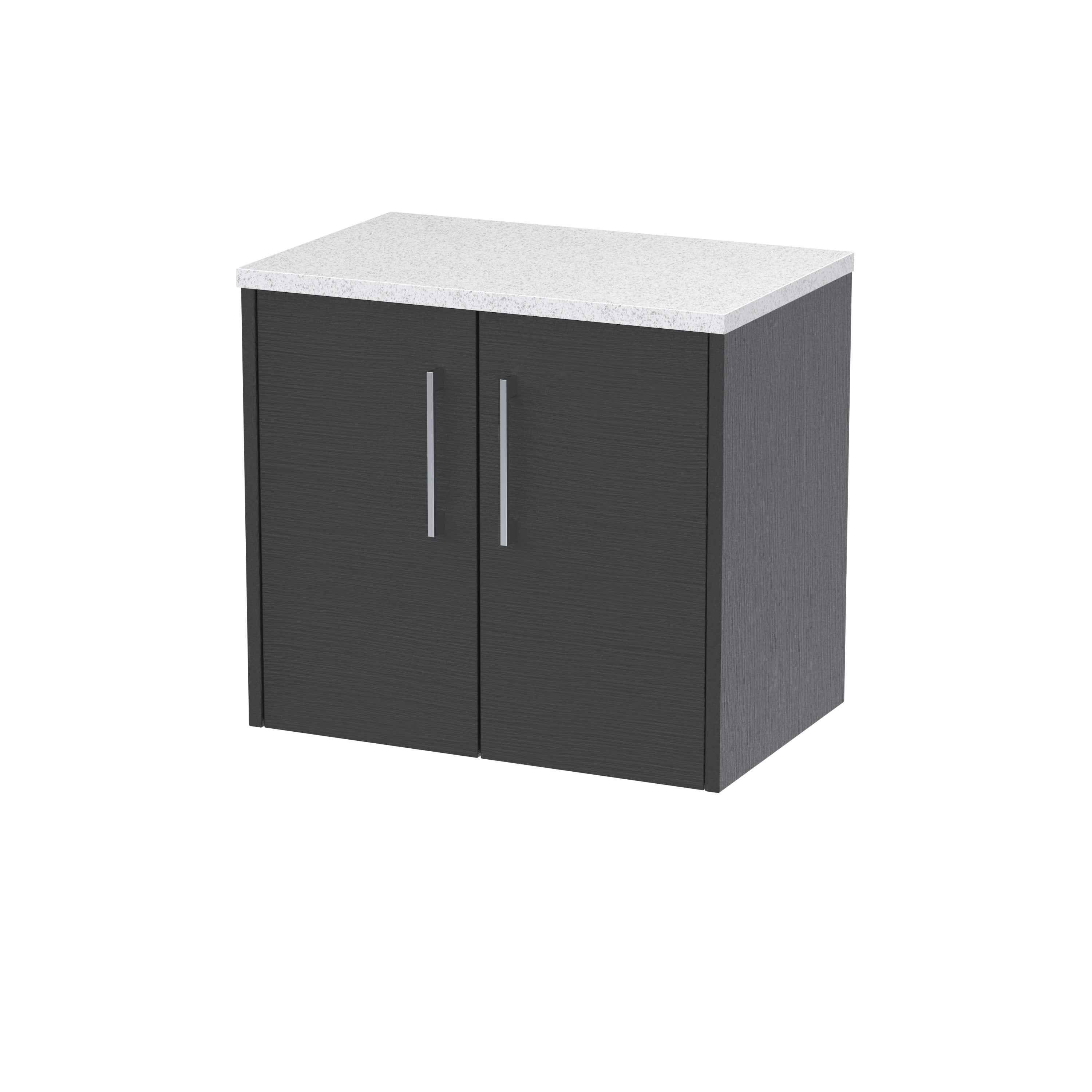 Modern black bathroom storage cabinet with a white speckled worktop, ideal for organising toiletries and essentials. Stylish and functional furniture from Bubly Bathrooms UK.