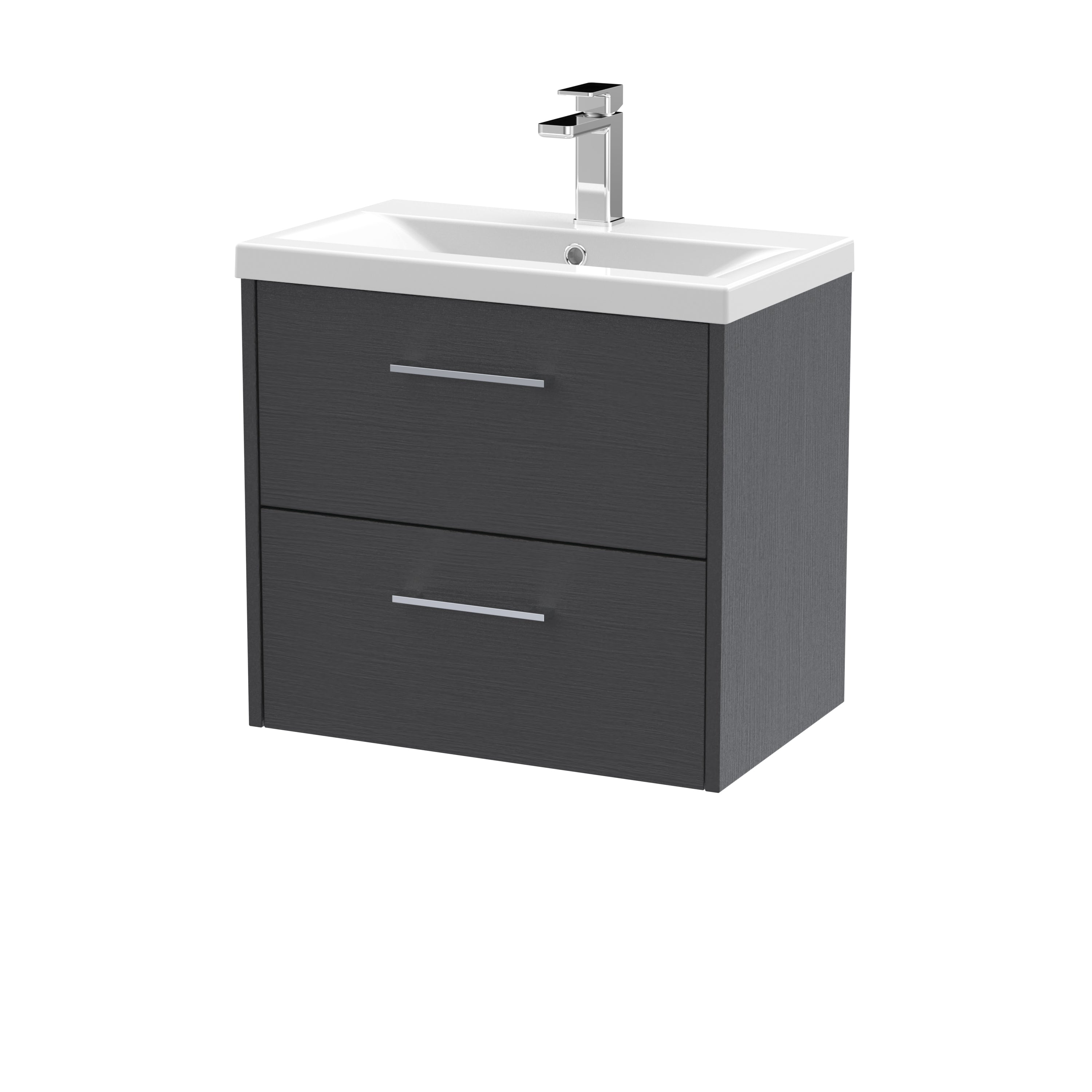 Modern black bathroom vanity unit with integrated white sink and chrome tap, ideal for stylish bathroom storage and decor.