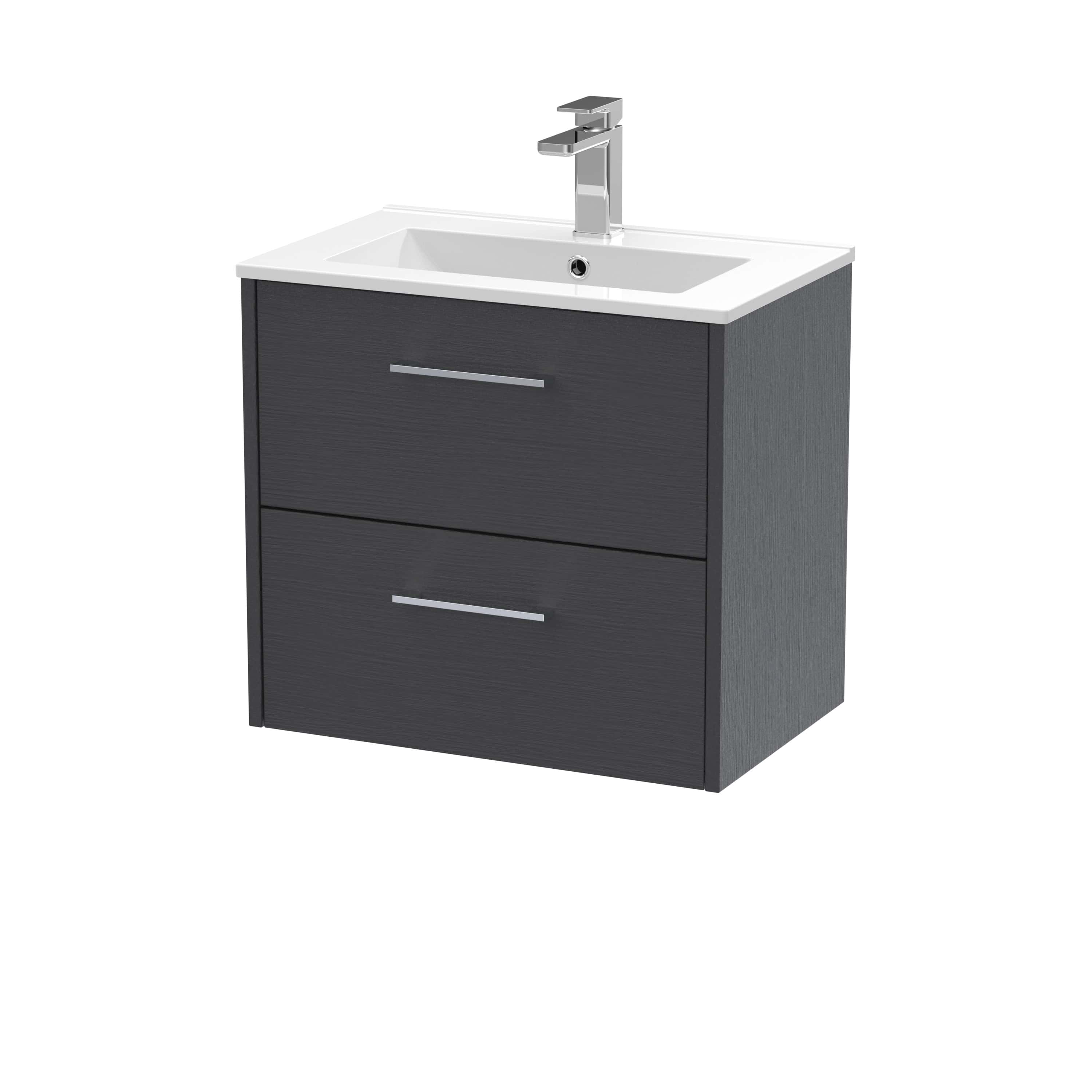 Sleek grey bathroom vanity with integrated sink and modern chrome faucet, perfect for contemporary bathroom interiors. Features two spacious drawers providing ample storage space.