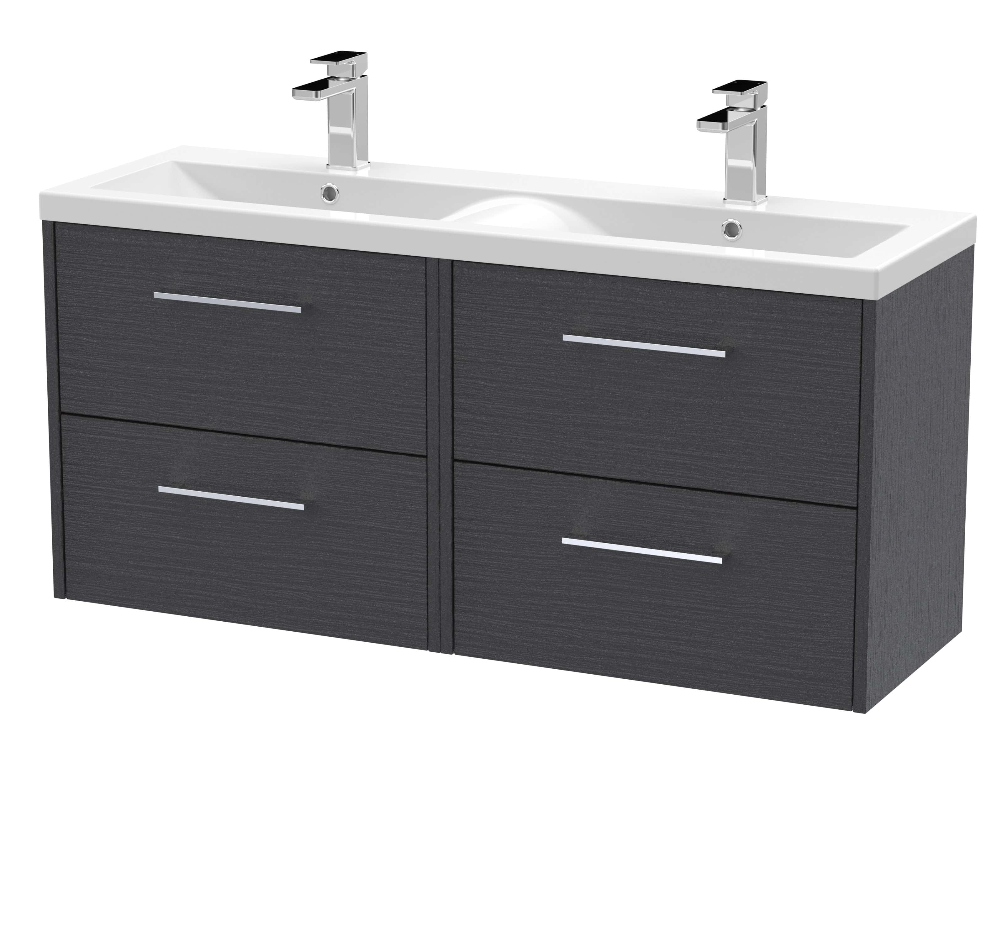 Modern double bathroom vanity unit with white ceramic sinks and chrome taps, black finish with sleek drawer handles for contemporary bathroom storage and design.