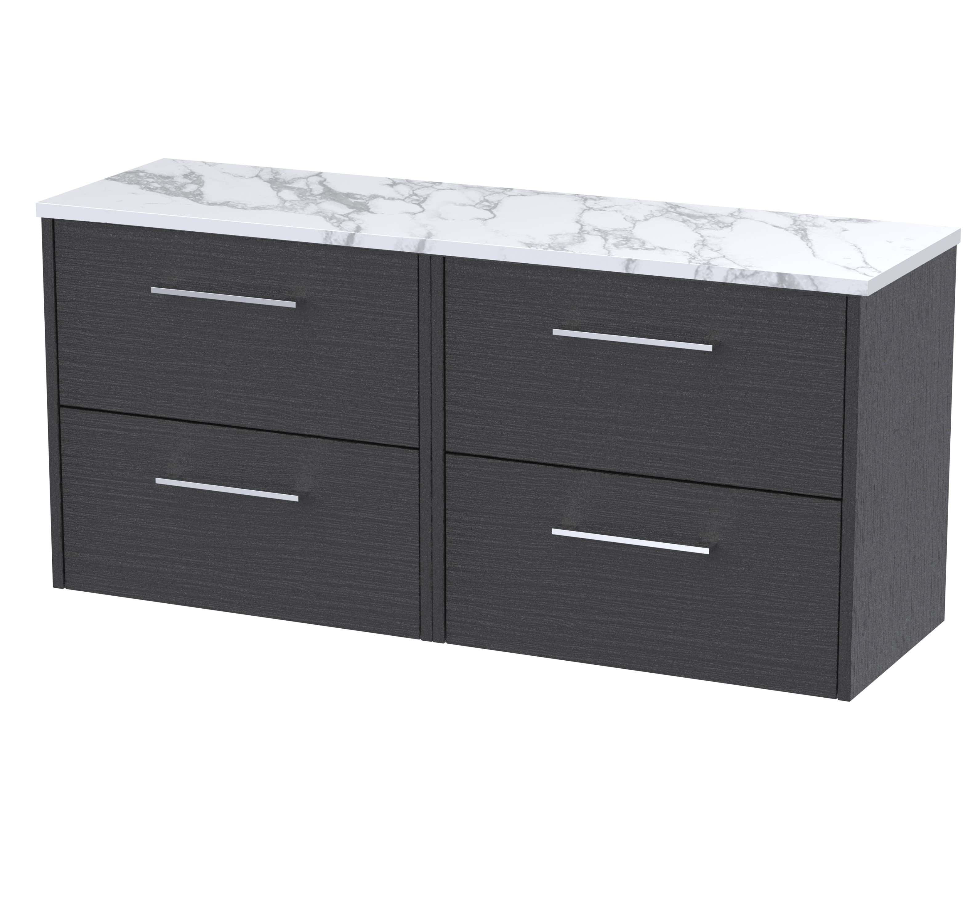 Modern bathroom vanity unit with a dark wood finish and white marble top, ideal for contemporary bathroom decor. Features four spacious drawers with sleek metal handles for ample storage.