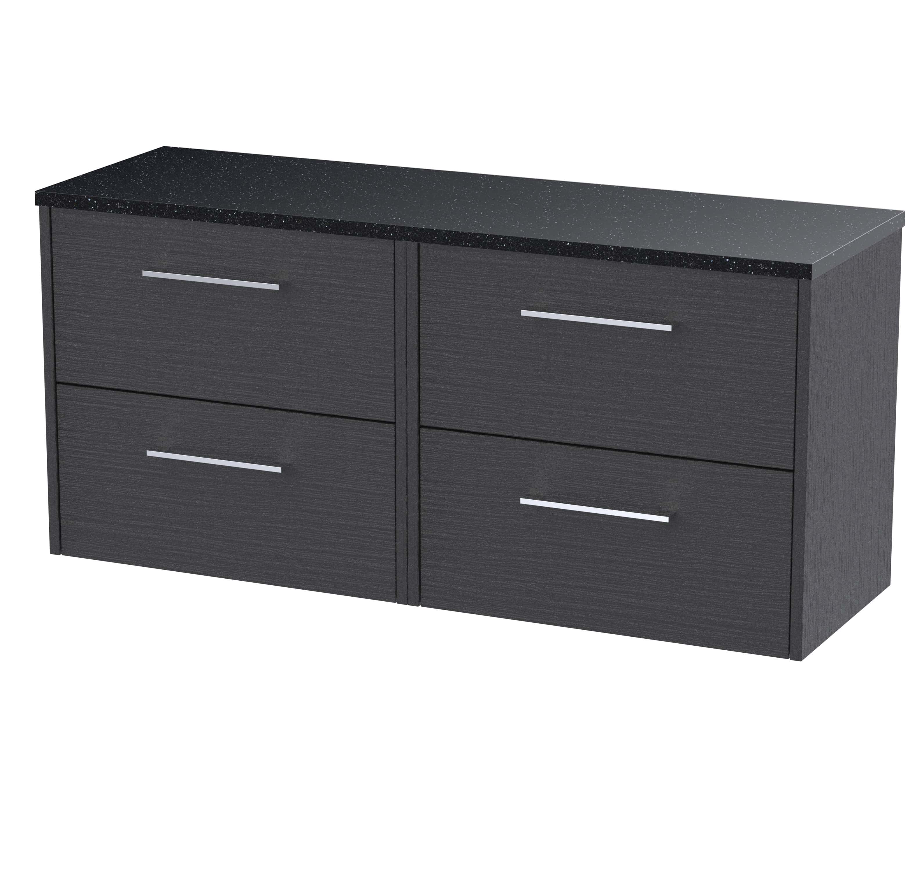 Sleek black bathroom storage unit with four drawers and modern silver handles, ideal for organising bathroom essentials and enhancing decor.