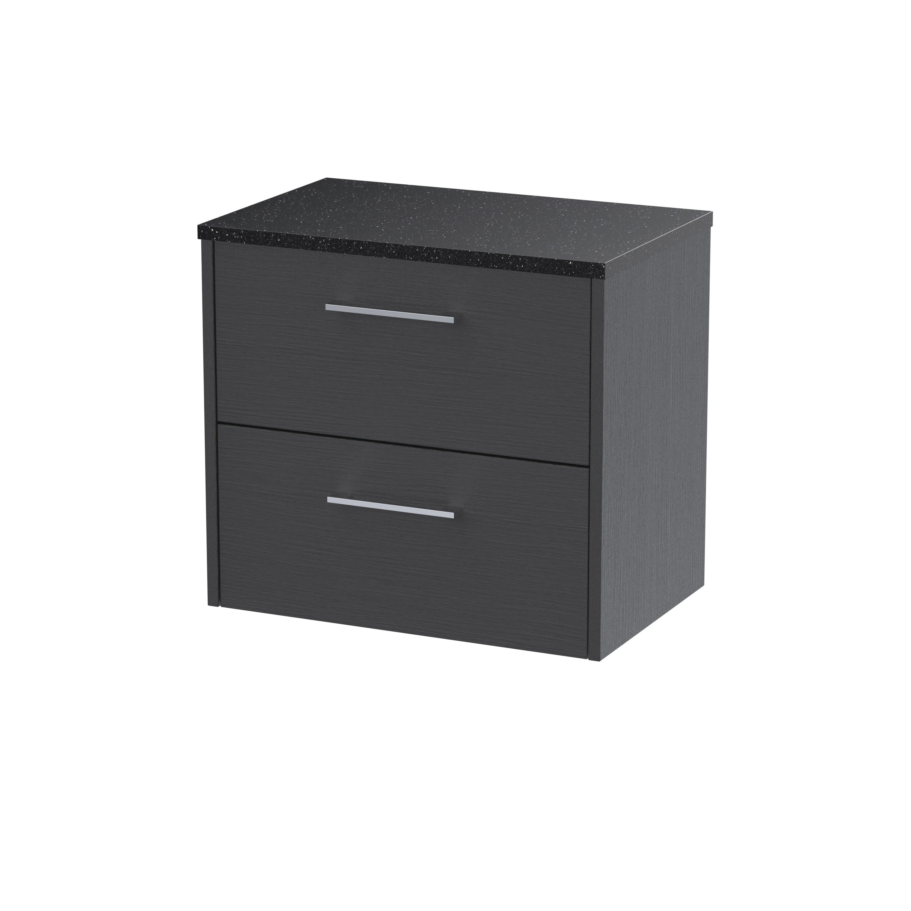 Sleek black bathroom storage cabinet with a textured finish, two spacious drawers, and modern silver handles, ideal for bathroom organisation and stylish decor.