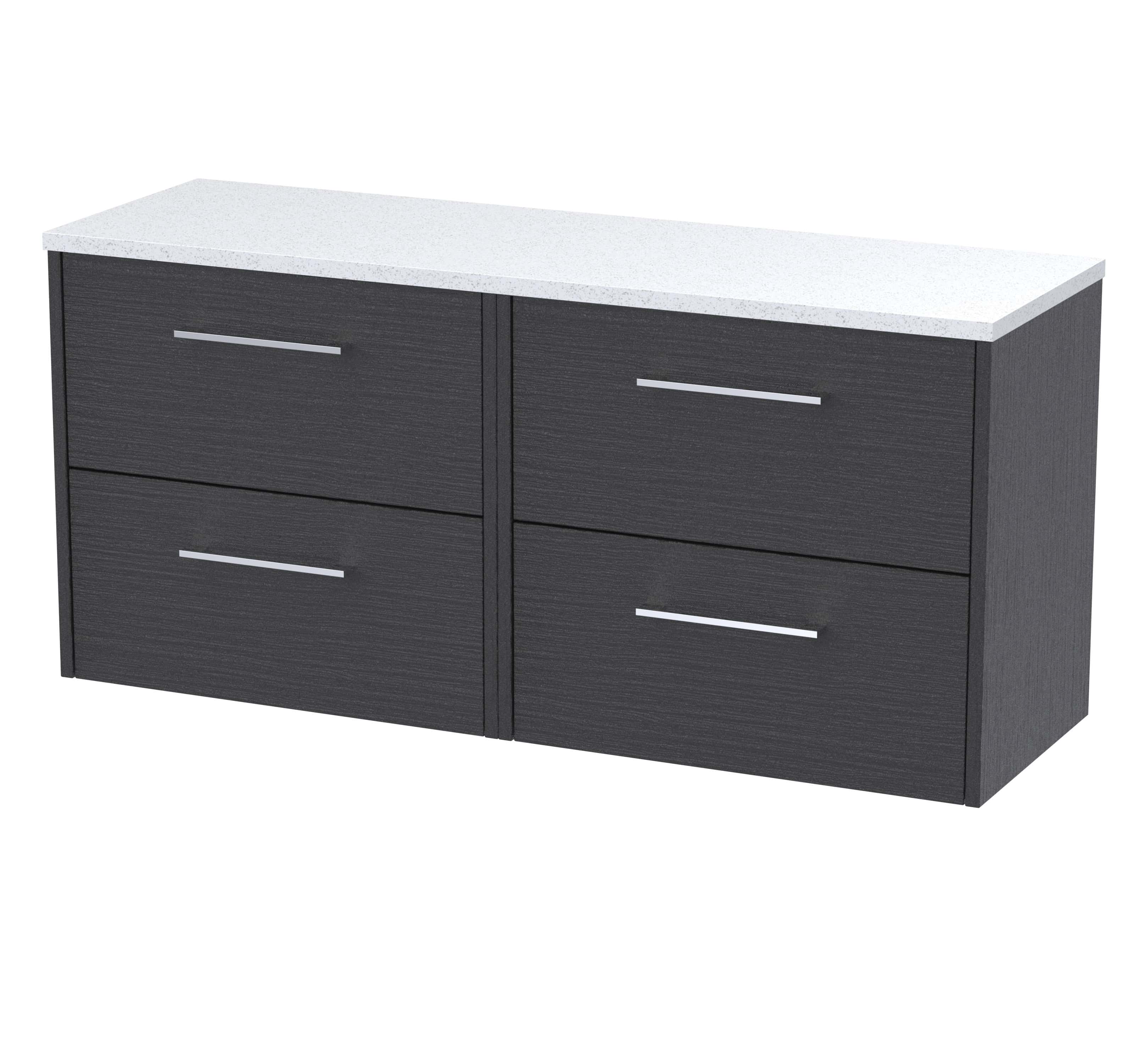 Sleek black bathroom vanity with a white quartz top, modern chrome handles, ideal for contemporary bathroom storage solutions.