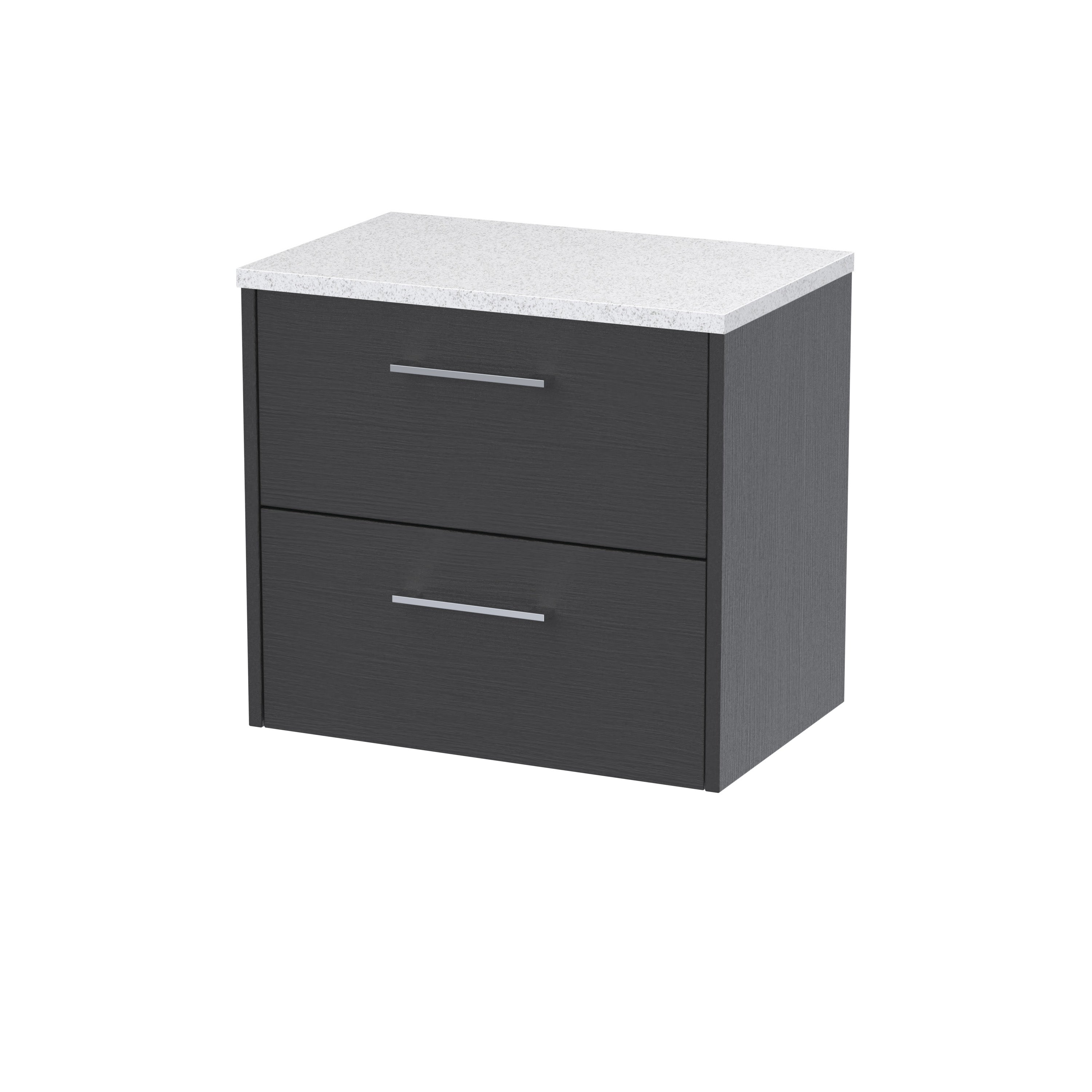 Modern dark grey bathroom vanity unit with two drawers and a white speckled countertop, ideal for contemporary bathroom storage solutions.