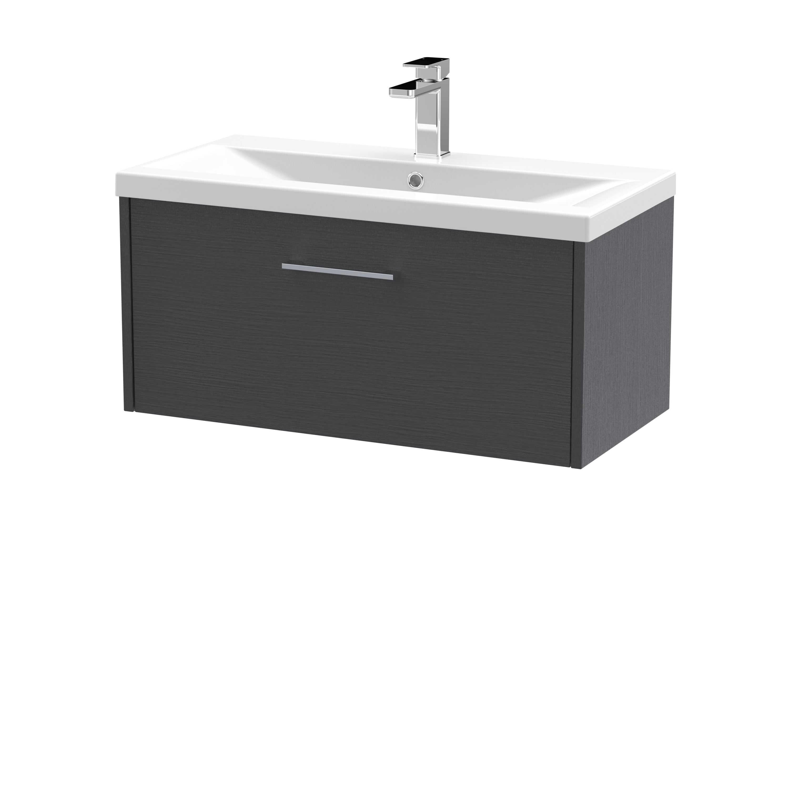 Modern black bathroom vanity unit with integrated sink and sleek chrome tap for stylish bathroom renovations.