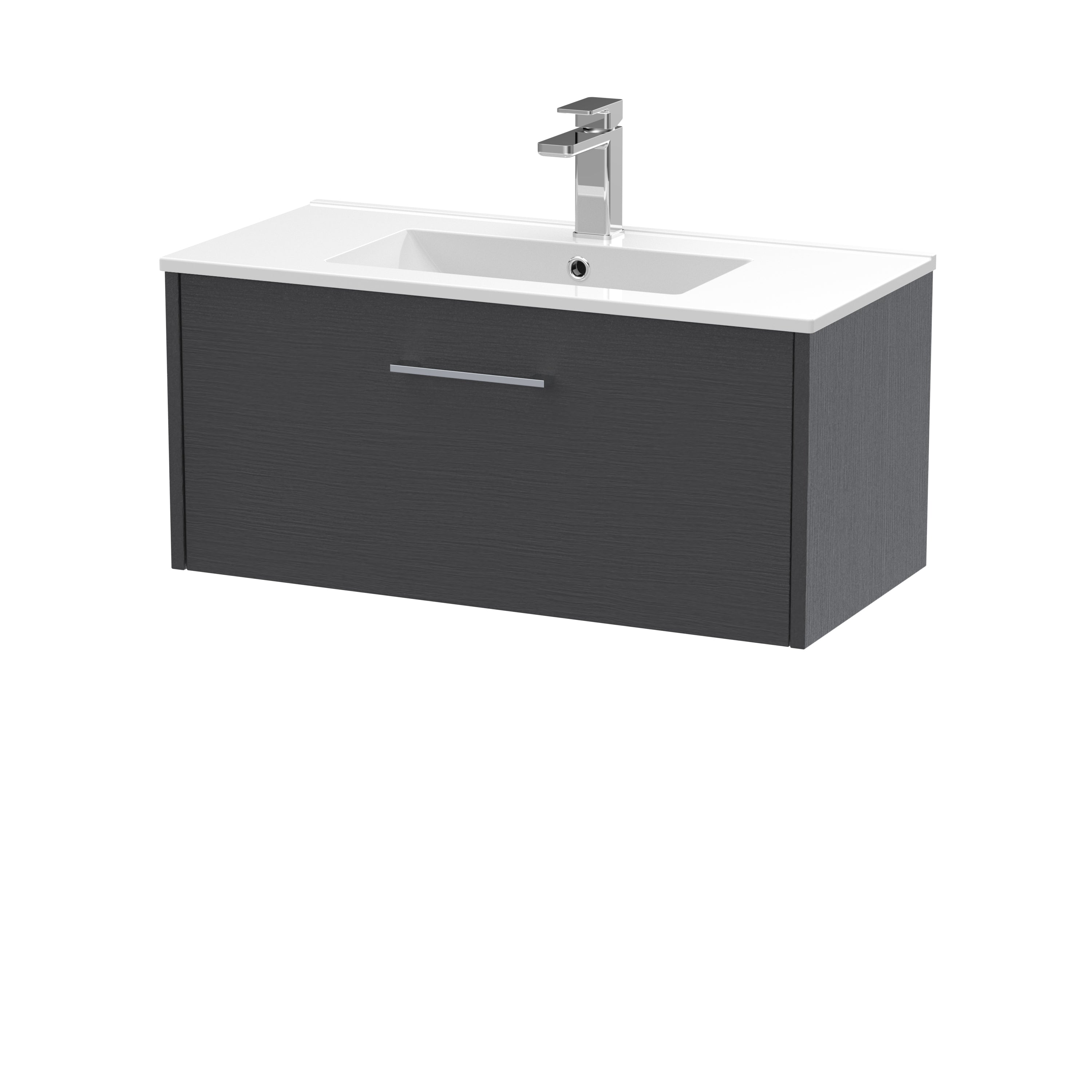 Modern bathroom vanity with dark wood finish and white ceramic countertop featuring an integrated sink and sleek chrome faucet. Perfect for contemporary bathroom decor.