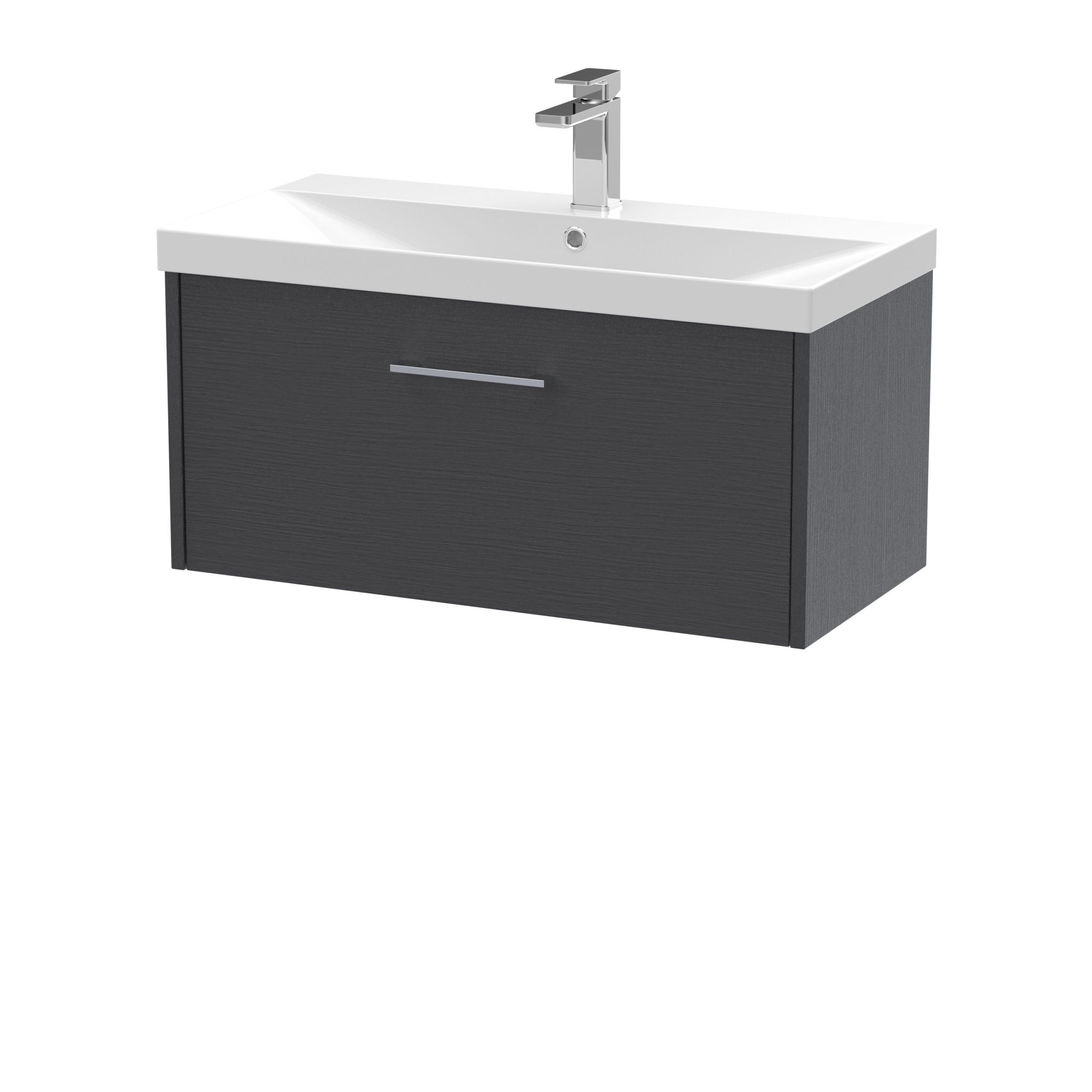 Modern bathroom vanity unit with integrated sink and chrome faucet, ideal for contemporary bathroom designs, providing stylish storage and functionality.