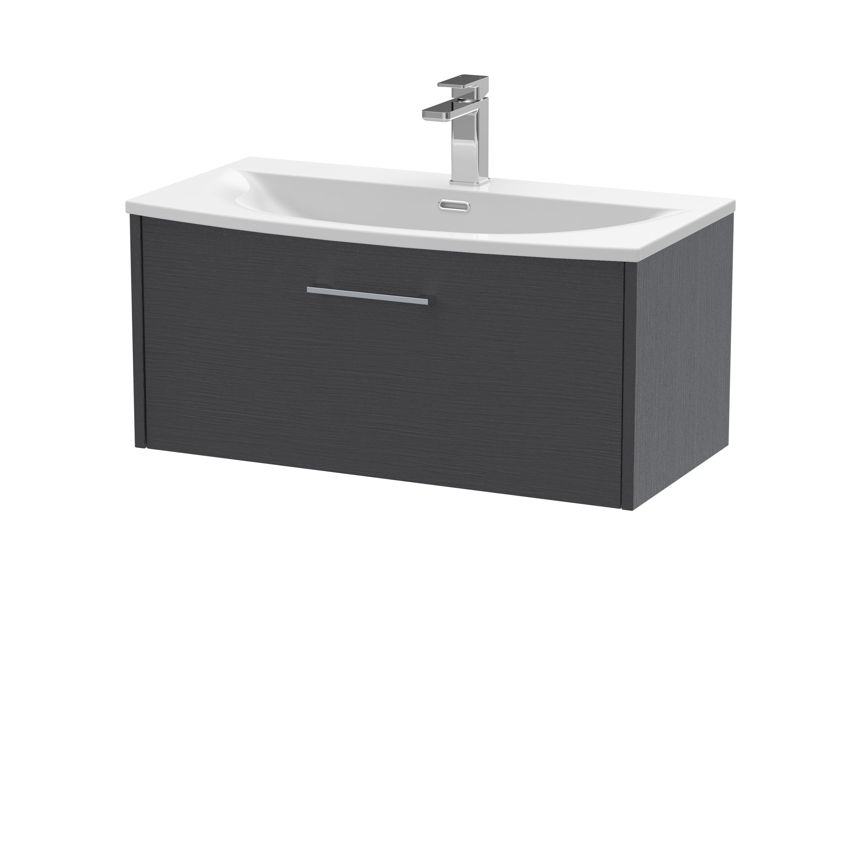 Modern grey bathroom vanity unit with integrated sink and chrome faucet for stylish bathroom storage and functionality.