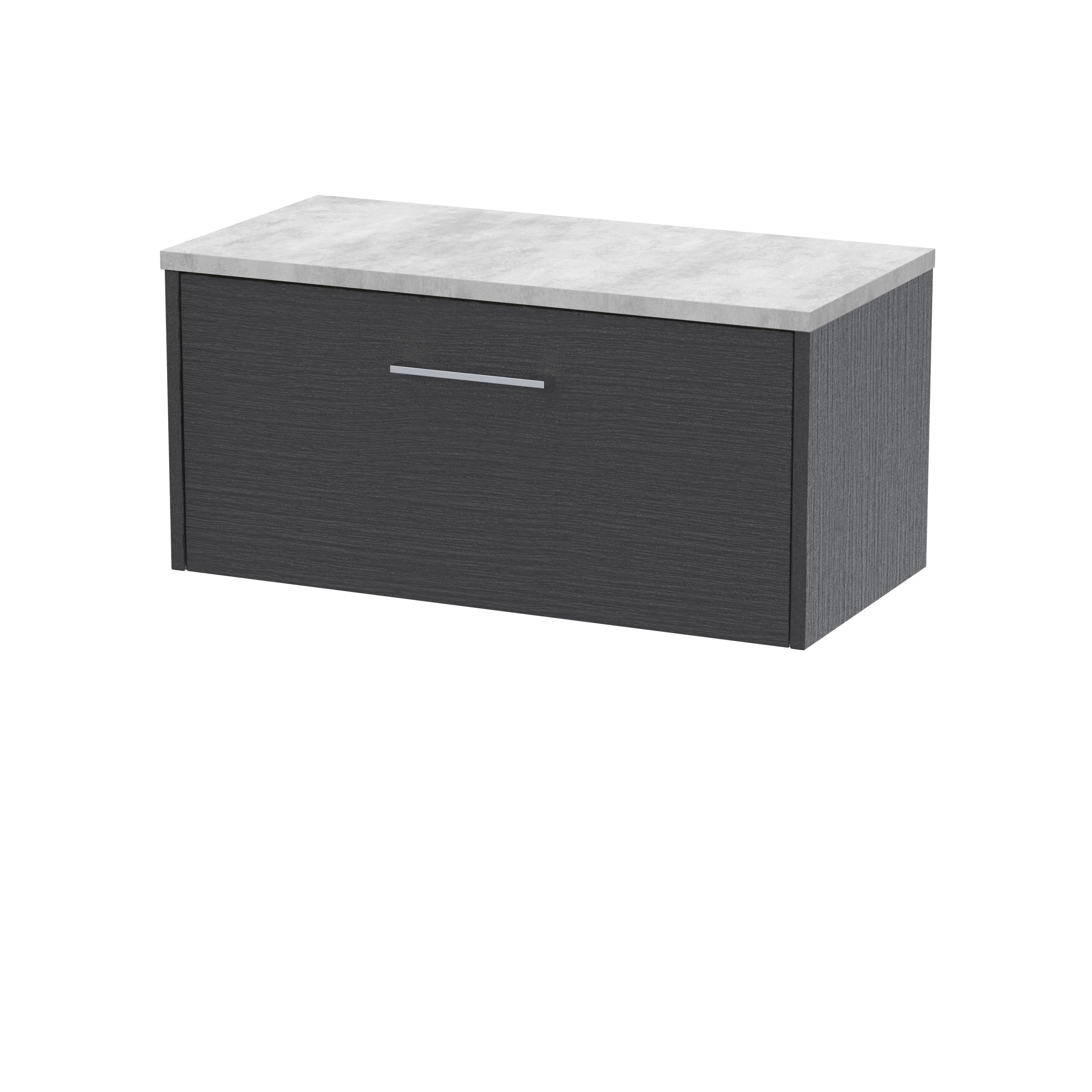 Modern bathroom storage cabinet with black wood finish and white marble top, providing sleek storage solutions for contemporary bathrooms.