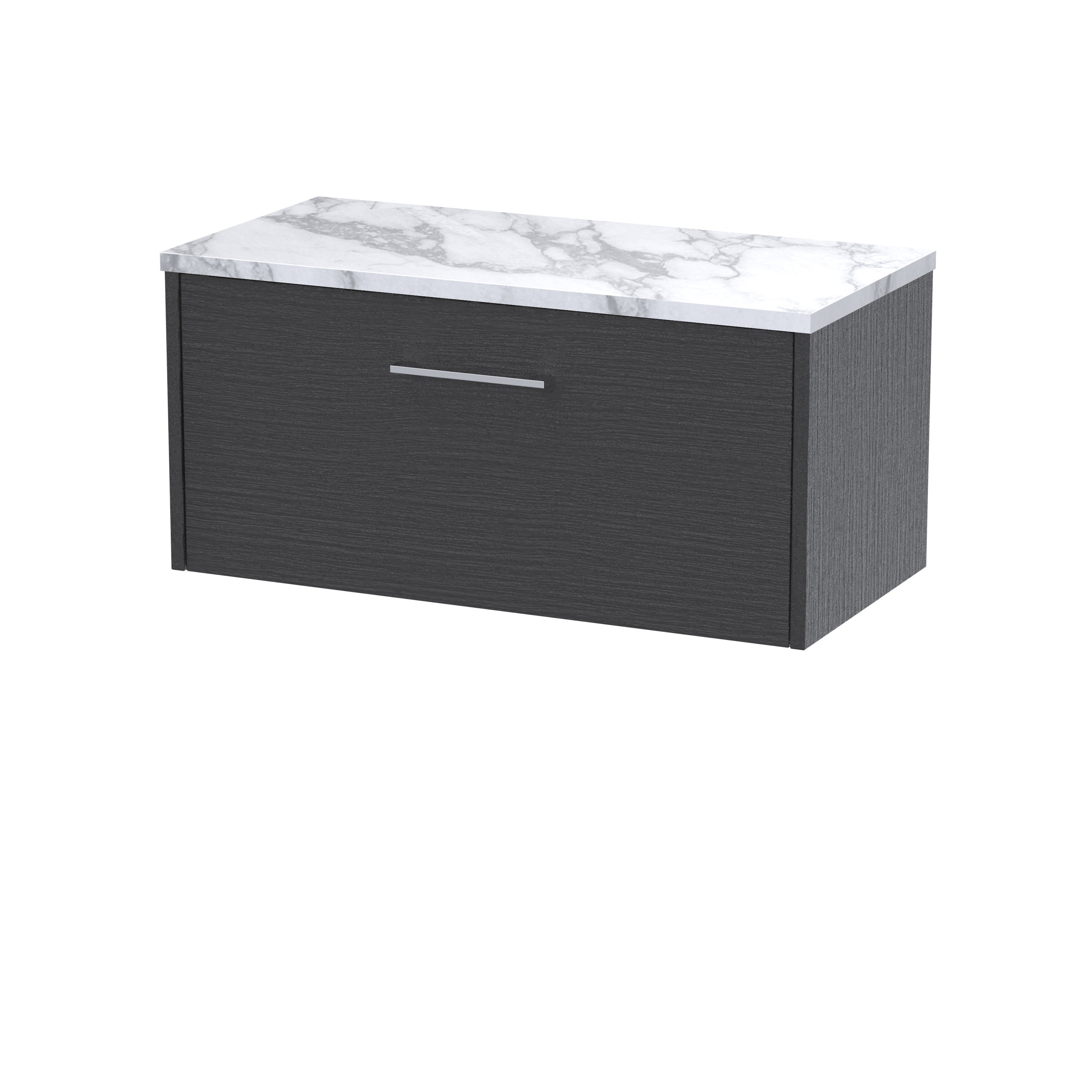 Sleek black bathroom vanity with a modern design featuring a white marble top and durable wooden finish, ideal for contemporary bathroom upgrades.