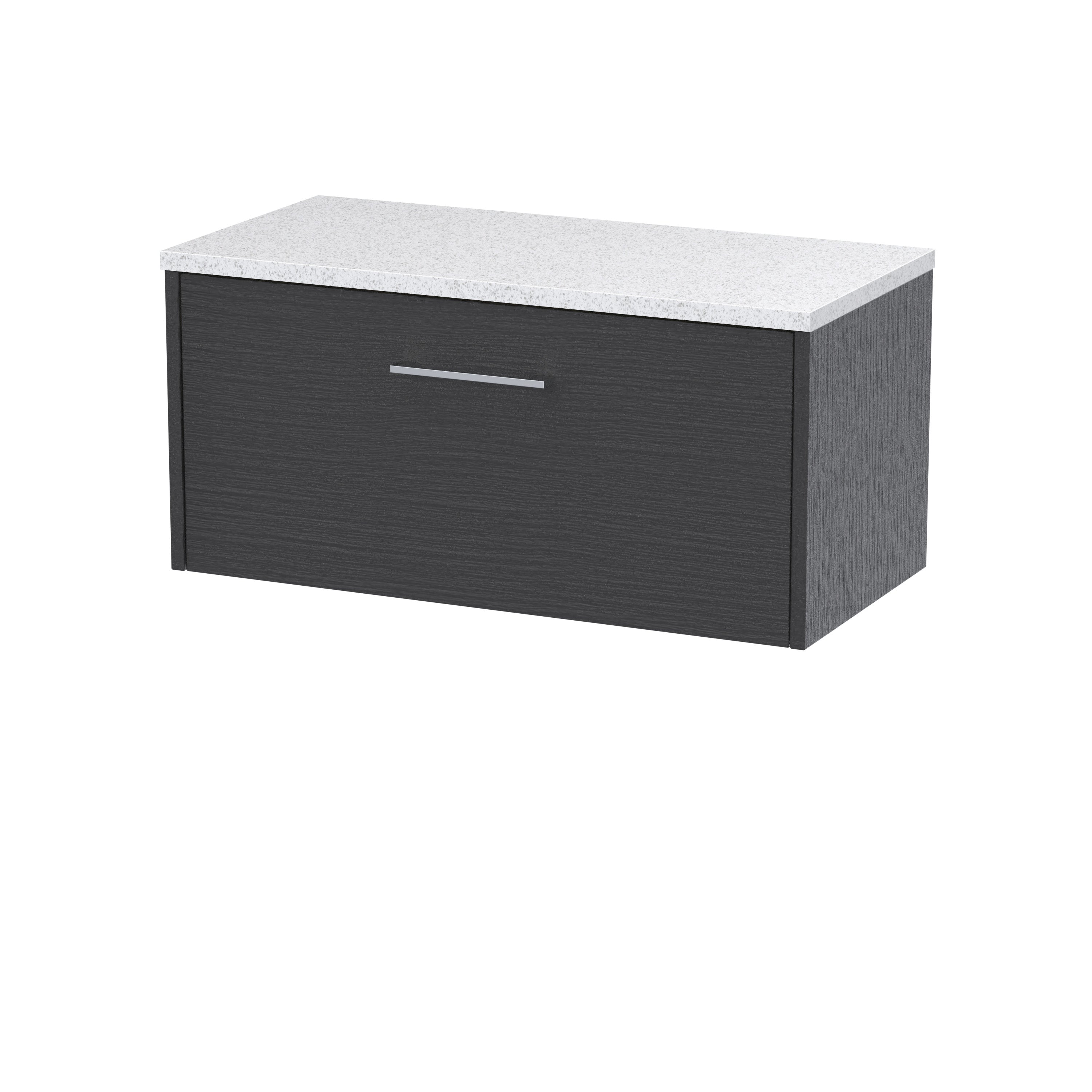 Stylish black bathroom storage unit with a sleek white countertop, ideal for modern bathroom organisation and space-saving solutions.